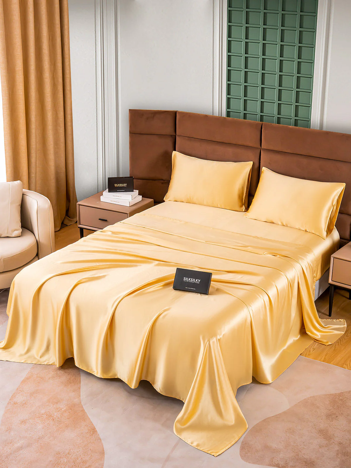 25Momme Silk 4Pcs Set Fitted&Flat Sheets+2x Pillowcases - Image 34