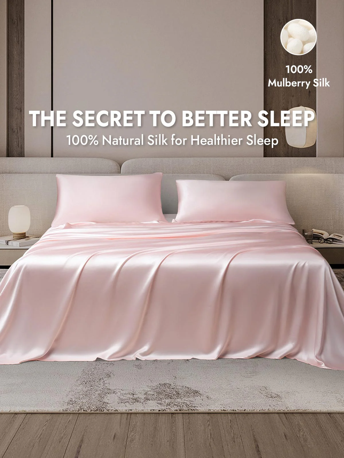 25Momme Silk 4Pcs Set Fitted&Flat Sheets+2x Pillowcases - Image 35