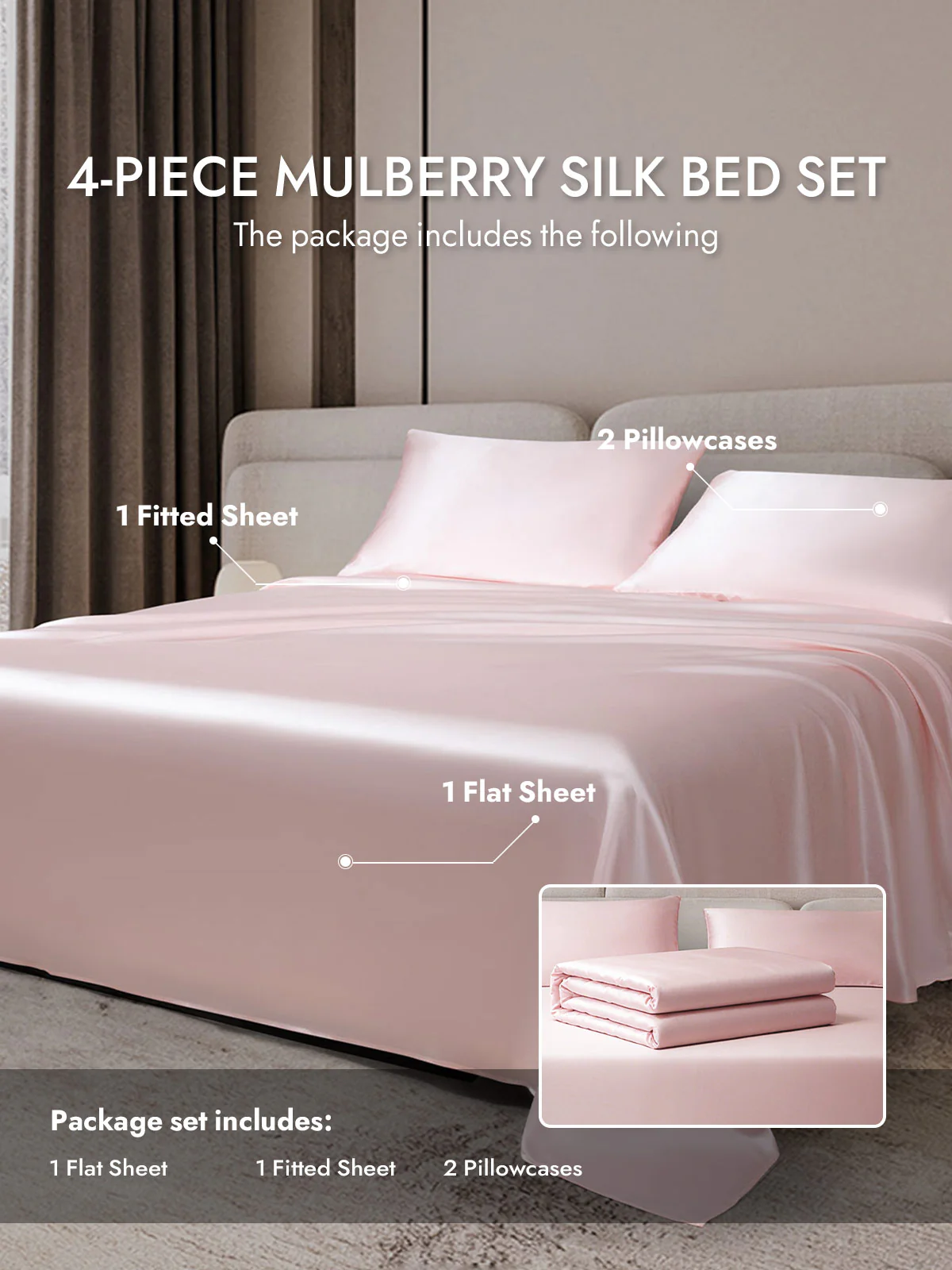 25Momme Silk 4Pcs Set Fitted&Flat Sheets+2x Pillowcases - Image 38