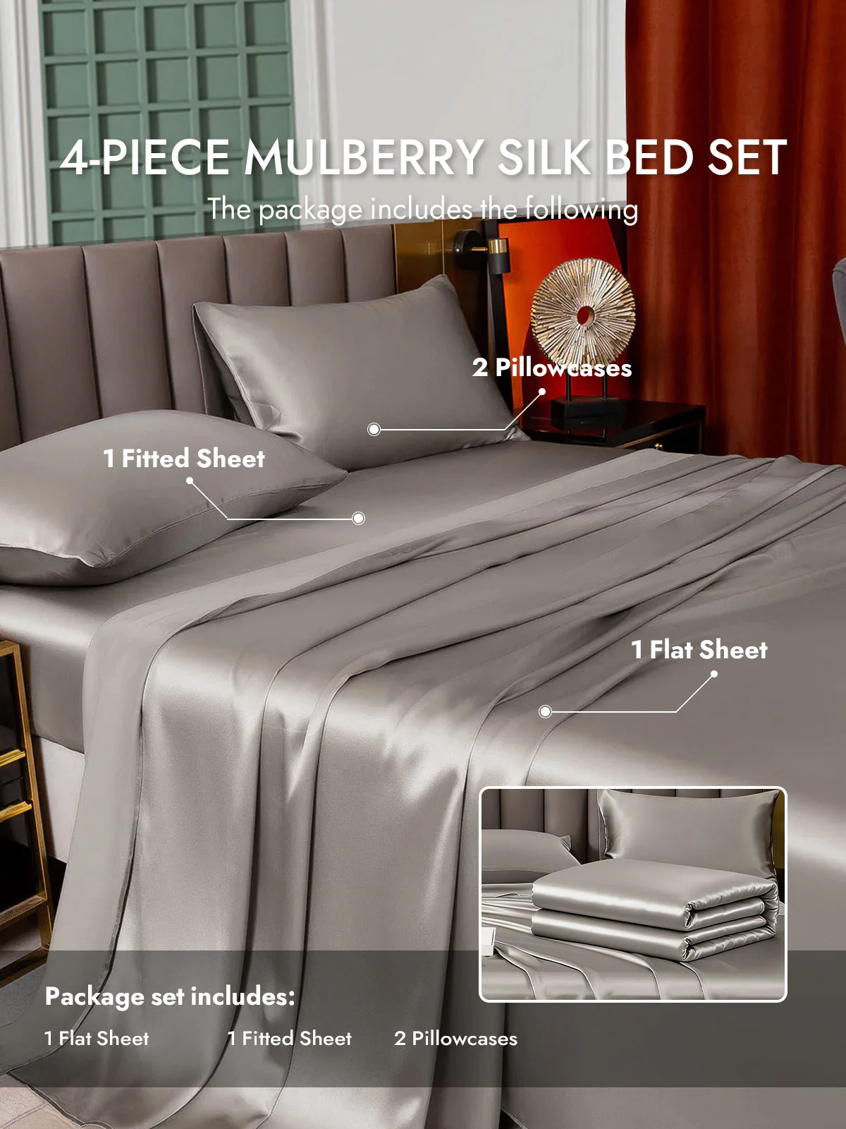25Momme Silk 4Pcs Set Fitted&Flat Sheets+2x Pillowcases - Image 4