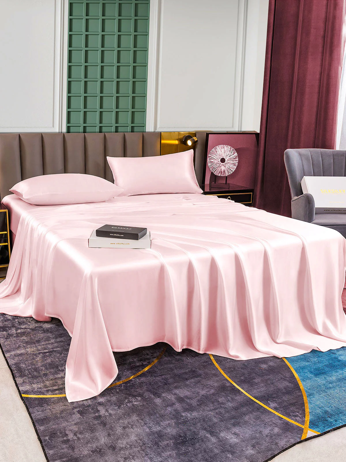 25Momme Silk 4Pcs Set Fitted&Flat Sheets+2x Pillowcases - Image 41