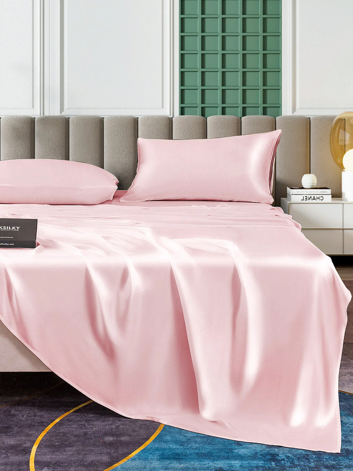 25Momme Silk 4Pcs Set Fitted&Flat Sheets+2x Pillowcases - Image 42