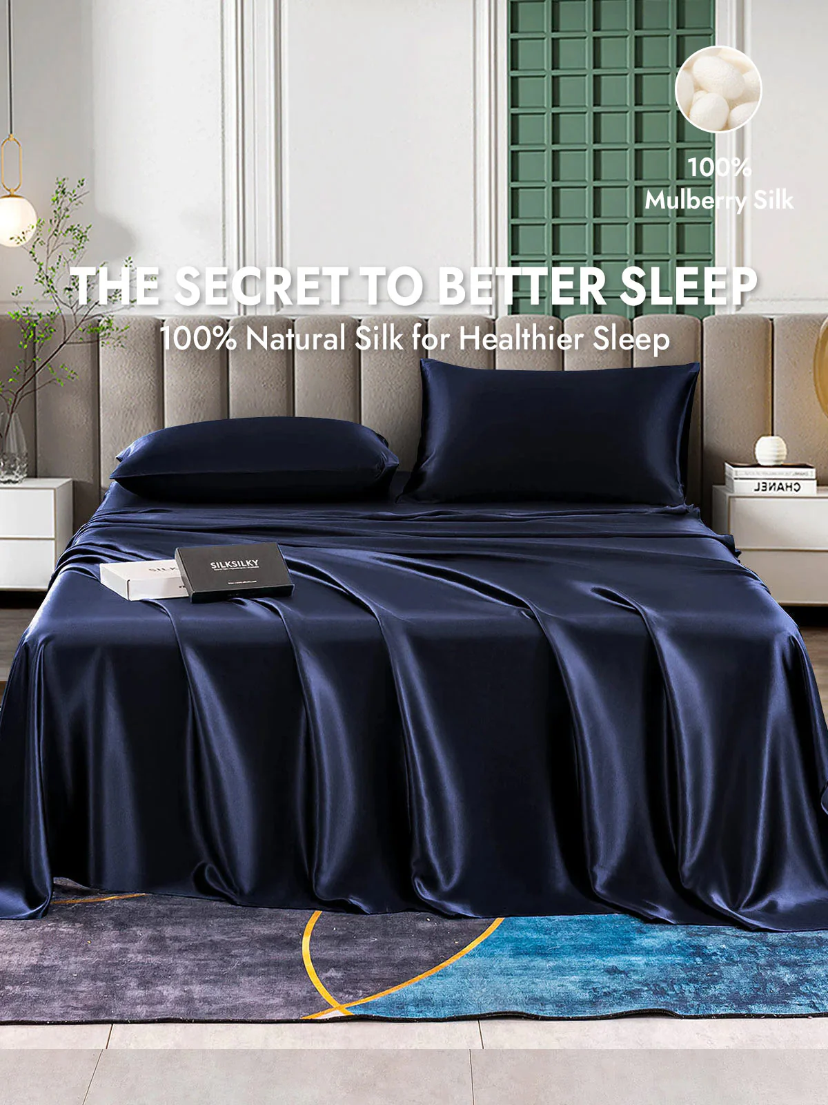 25Momme Silk 4Pcs Set Fitted&Flat Sheets+2x Pillowcases - Image 43