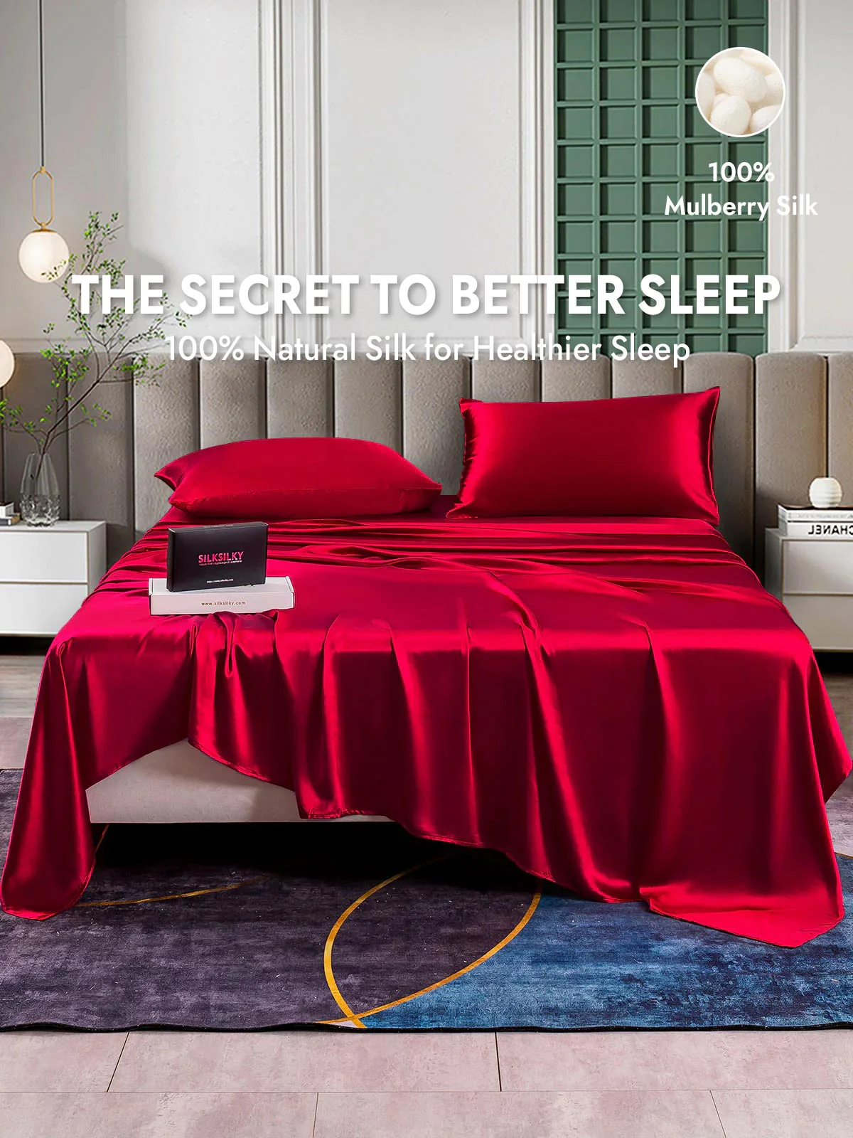25Momme Silk 4Pcs Set Fitted&Flat Sheets+2x Pillowcases - Image 52