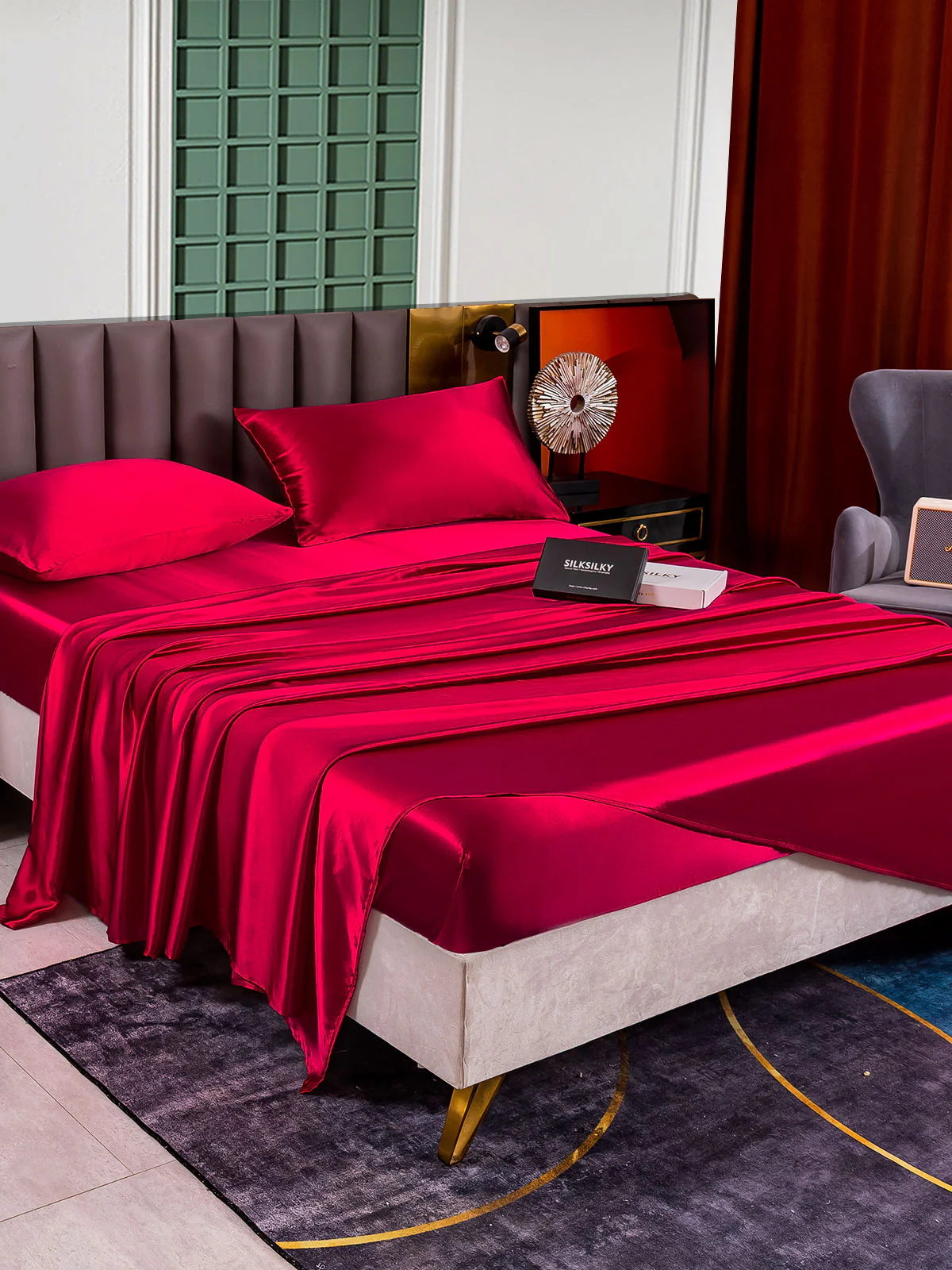 25Momme Silk 4Pcs Set Fitted&Flat Sheets+2x Pillowcases - Image 58