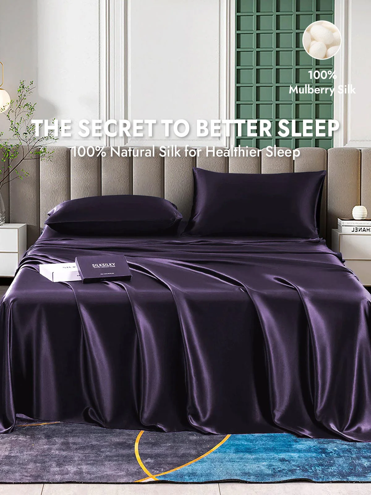 25Momme Silk 4Pcs Set Fitted&Flat Sheets+2x Pillowcases - Image 60