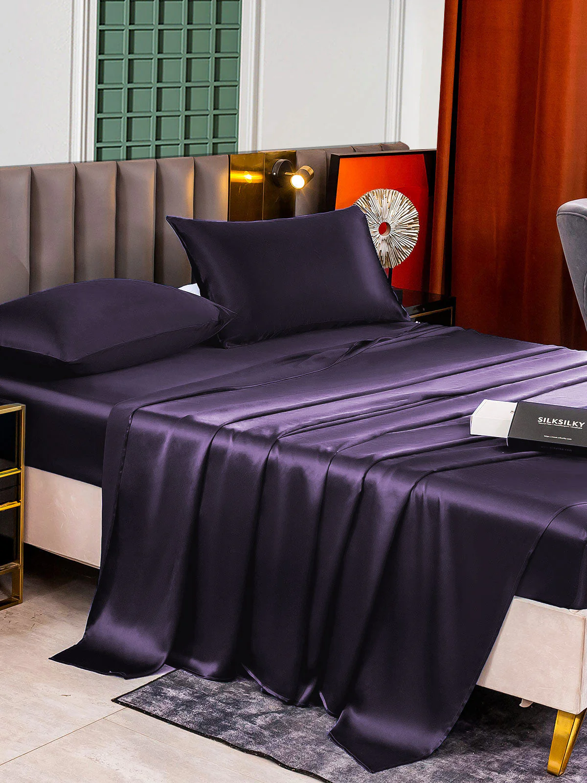 25Momme Silk 4Pcs Set Fitted&Flat Sheets+2x Pillowcases - Image 65