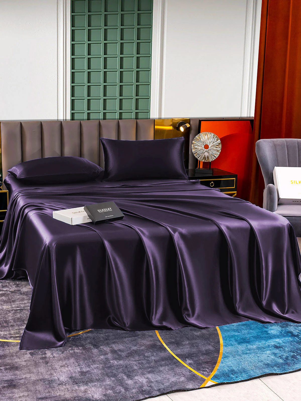 25Momme Silk 4Pcs Set Fitted&Flat Sheets+2x Pillowcases - Image 66