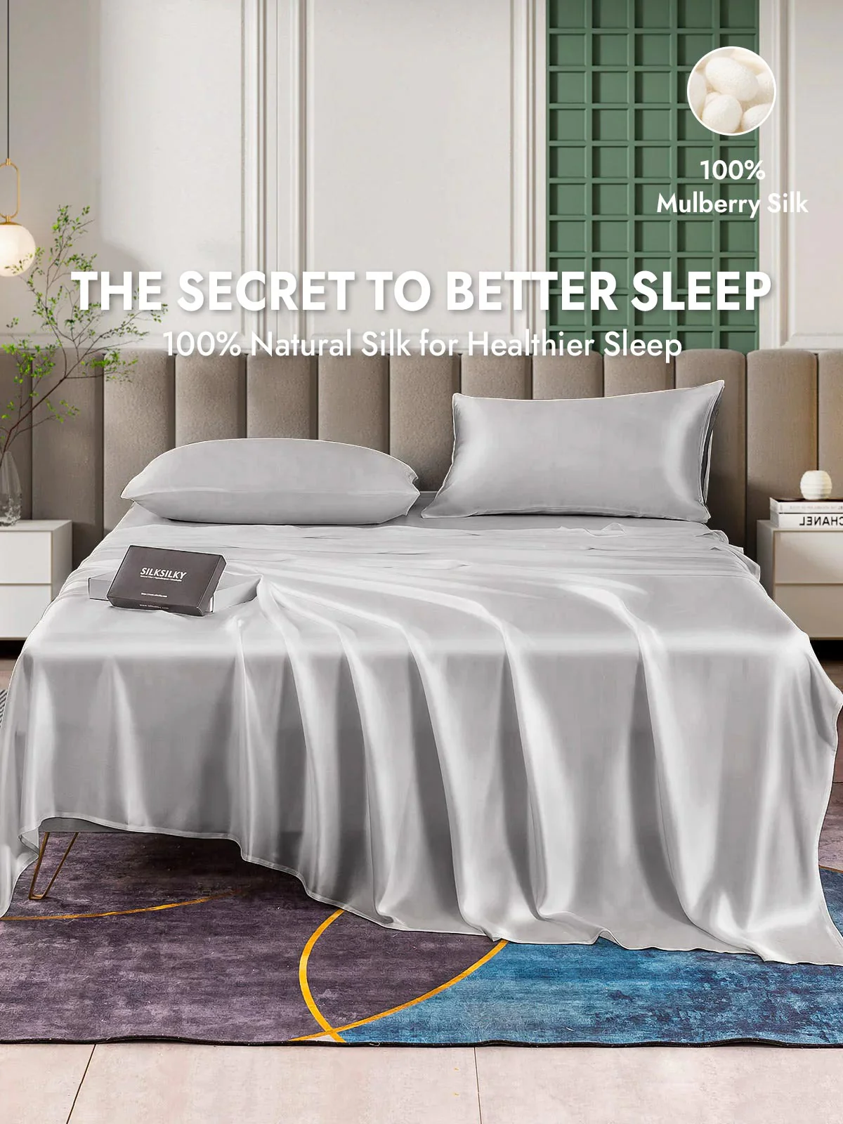 25Momme Silk 4Pcs Set Fitted&Flat Sheets+2x Pillowcases - Image 68