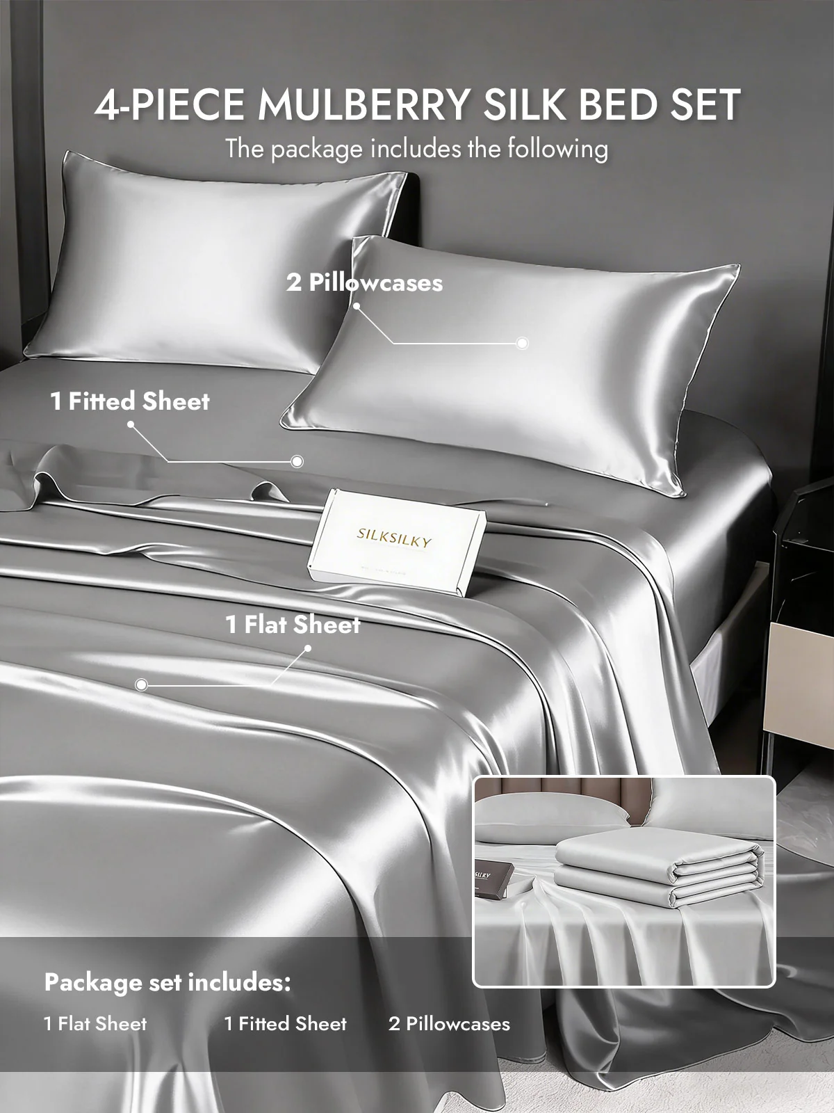 25Momme Silk 4Pcs Set Fitted&Flat Sheets+2x Pillowcases - Image 71