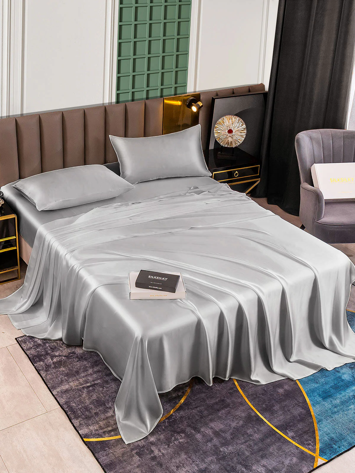 25Momme Silk 4Pcs Set Fitted&Flat Sheets+2x Pillowcases - Image 73