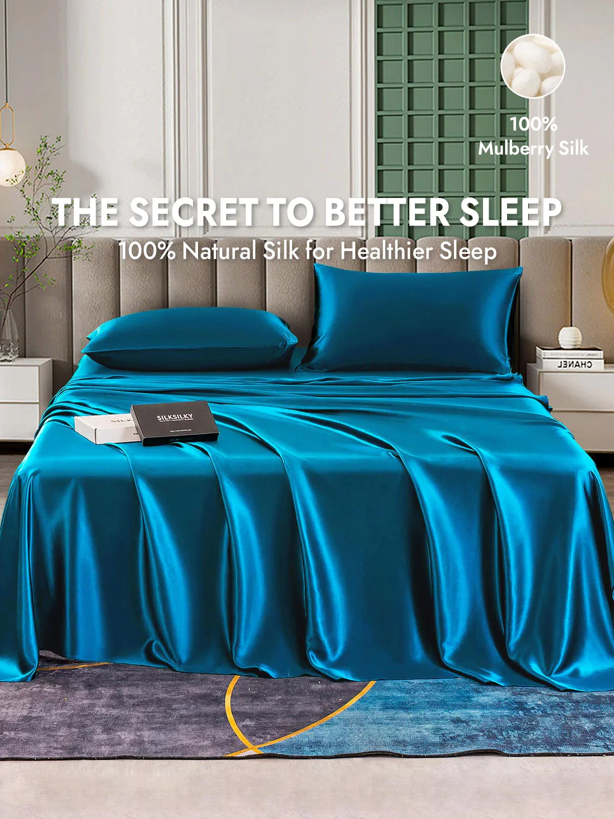 25Momme Silk 4Pcs Set Fitted&Flat Sheets+2x Pillowcases - Image 76