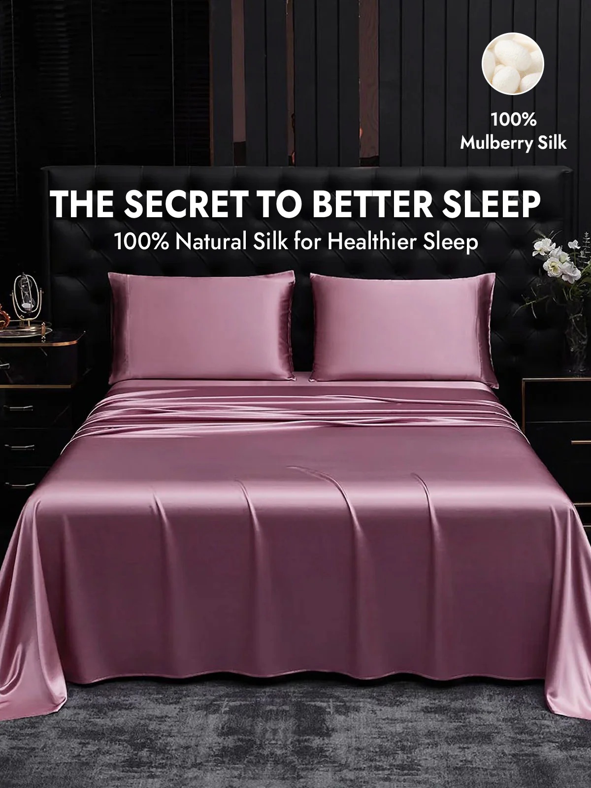 25Momme Silk 4Pcs Set Fitted&Flat Sheets+2x Pillowcases - Image 85