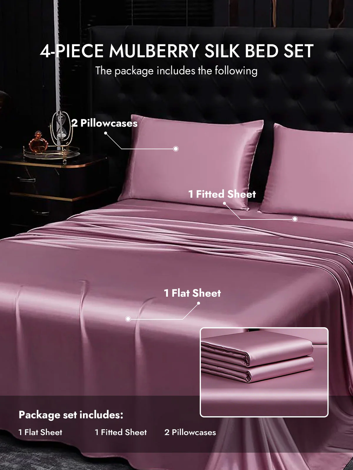 25Momme Silk 4Pcs Set Fitted&Flat Sheets+2x Pillowcases - Image 88