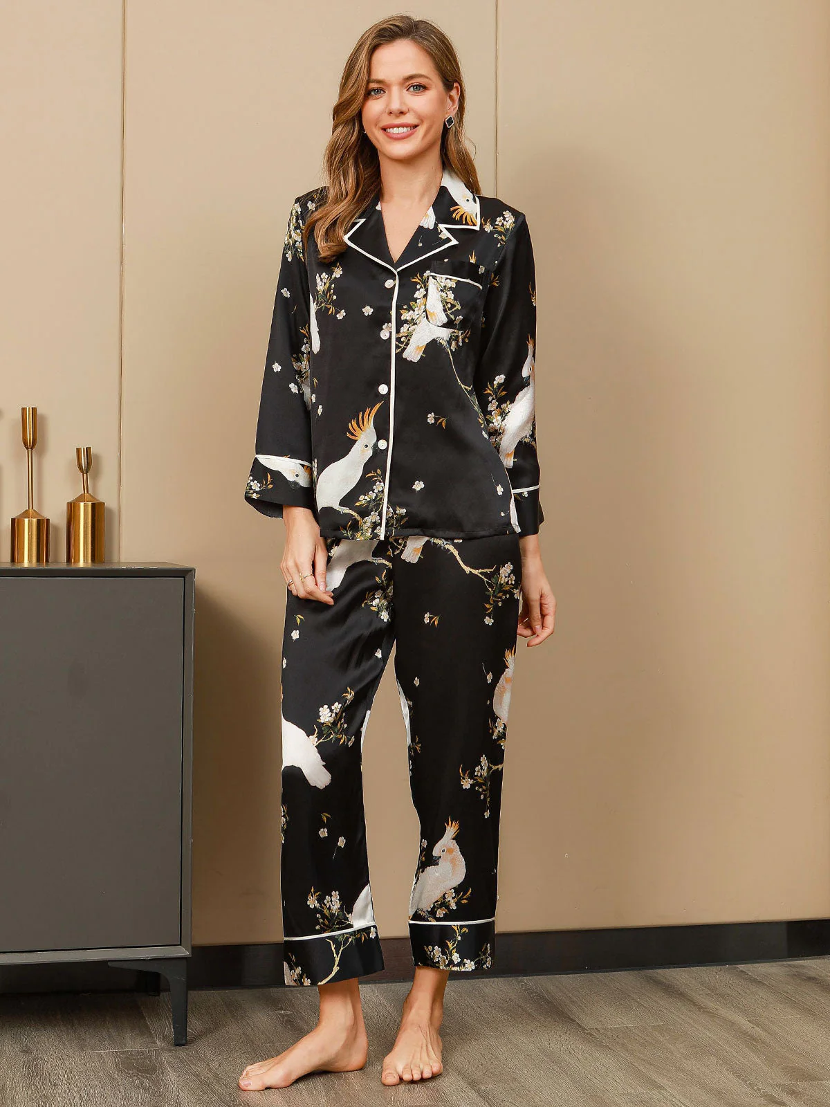 Women's Pure Silk Floral Print Long Sleeve Pajamas Set With Pants - Image 11