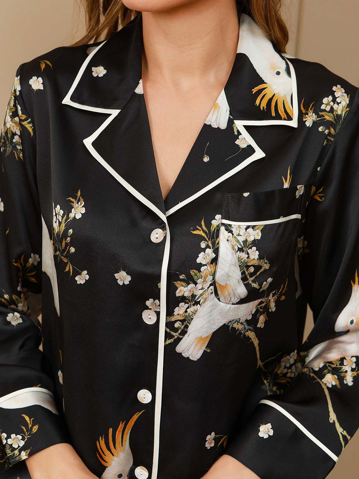 Women's Pure Silk Floral Print Long Sleeve Pajamas Set With Pants - Image 14