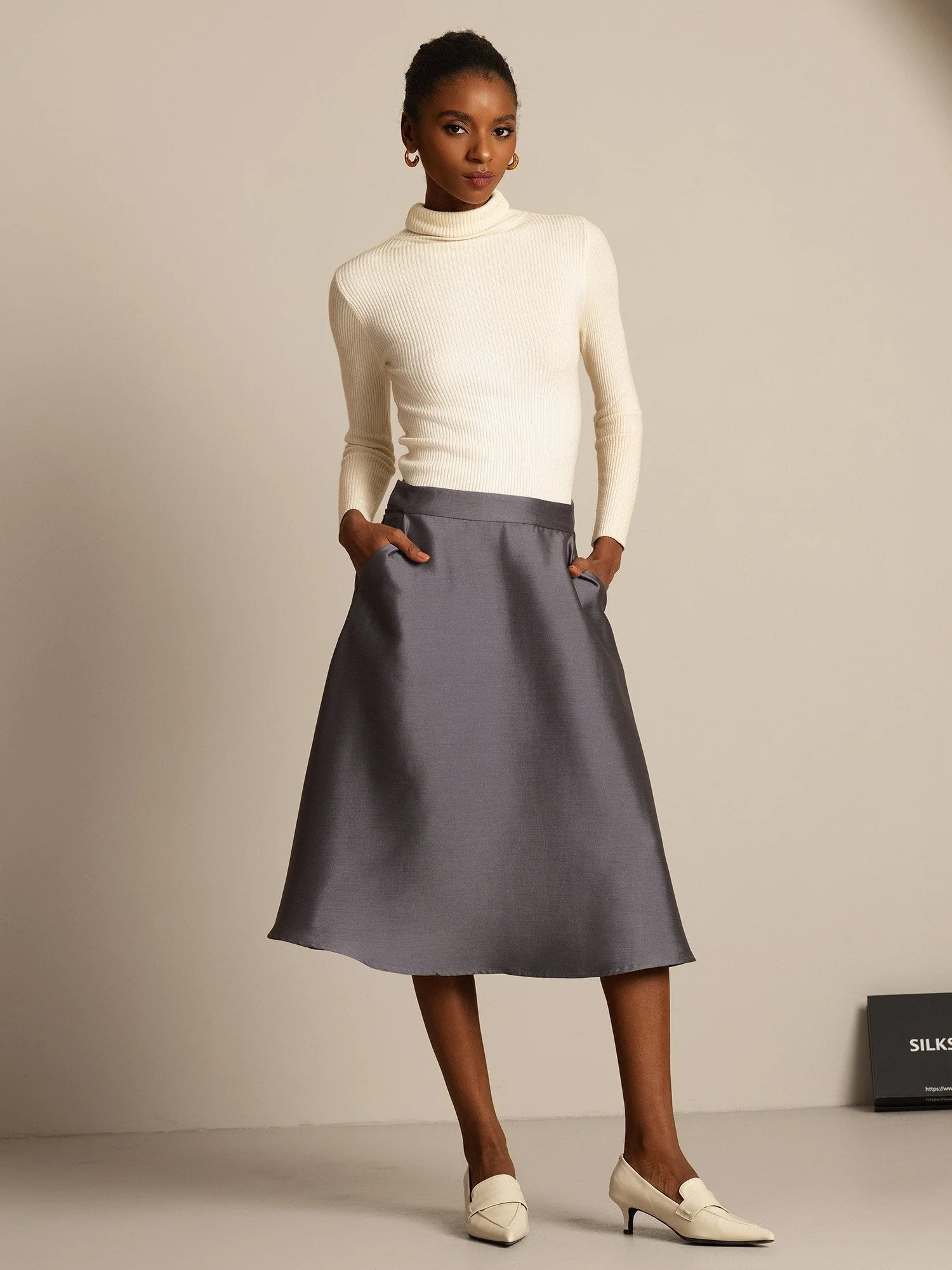 32Momme Silk-Wool Blend  A Line Midi Skirt with Zipper Deign - Image 13