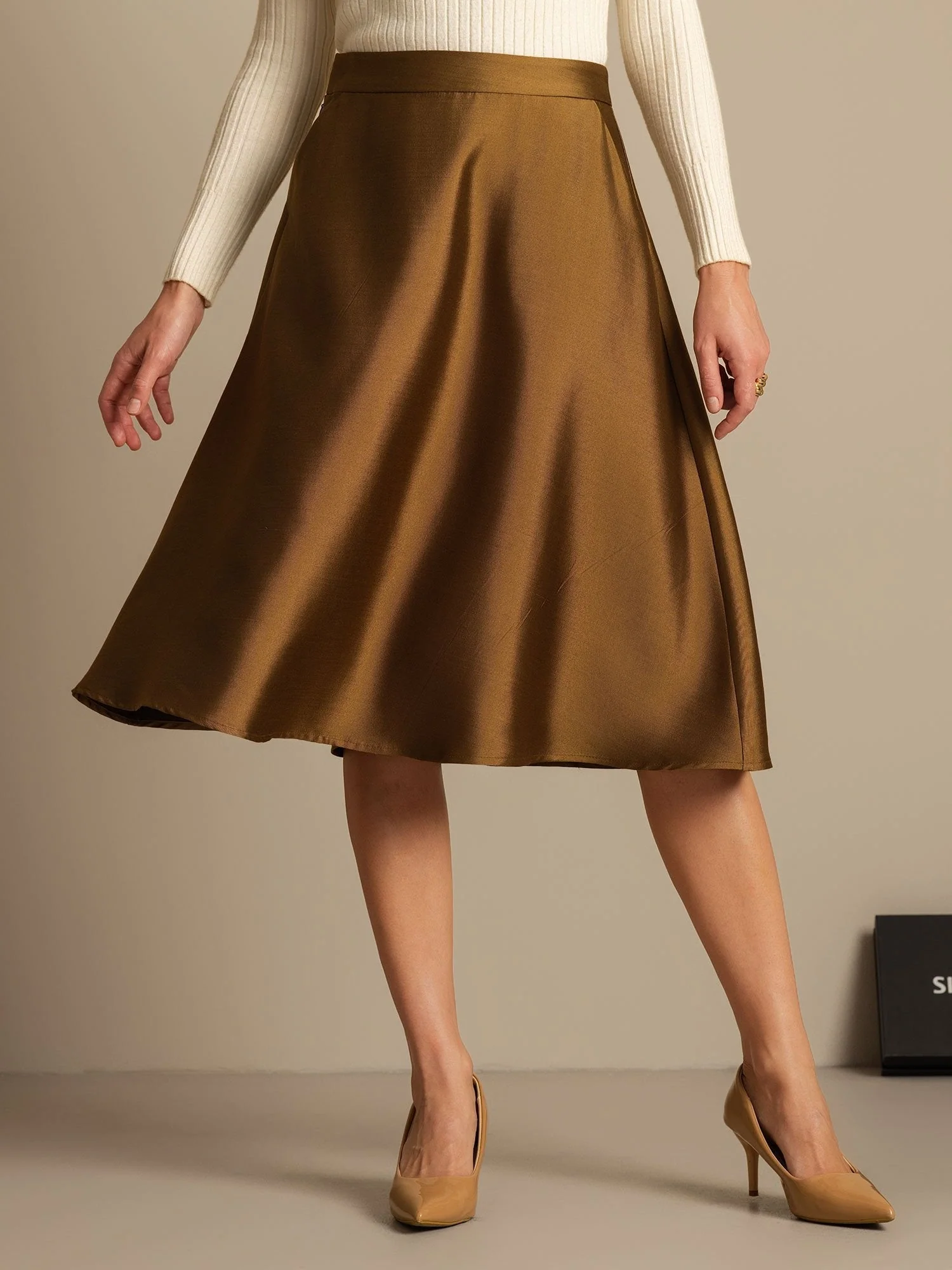 32Momme Silk-Wool Blend  A Line Midi Skirt with Zipper Deign - Image 19