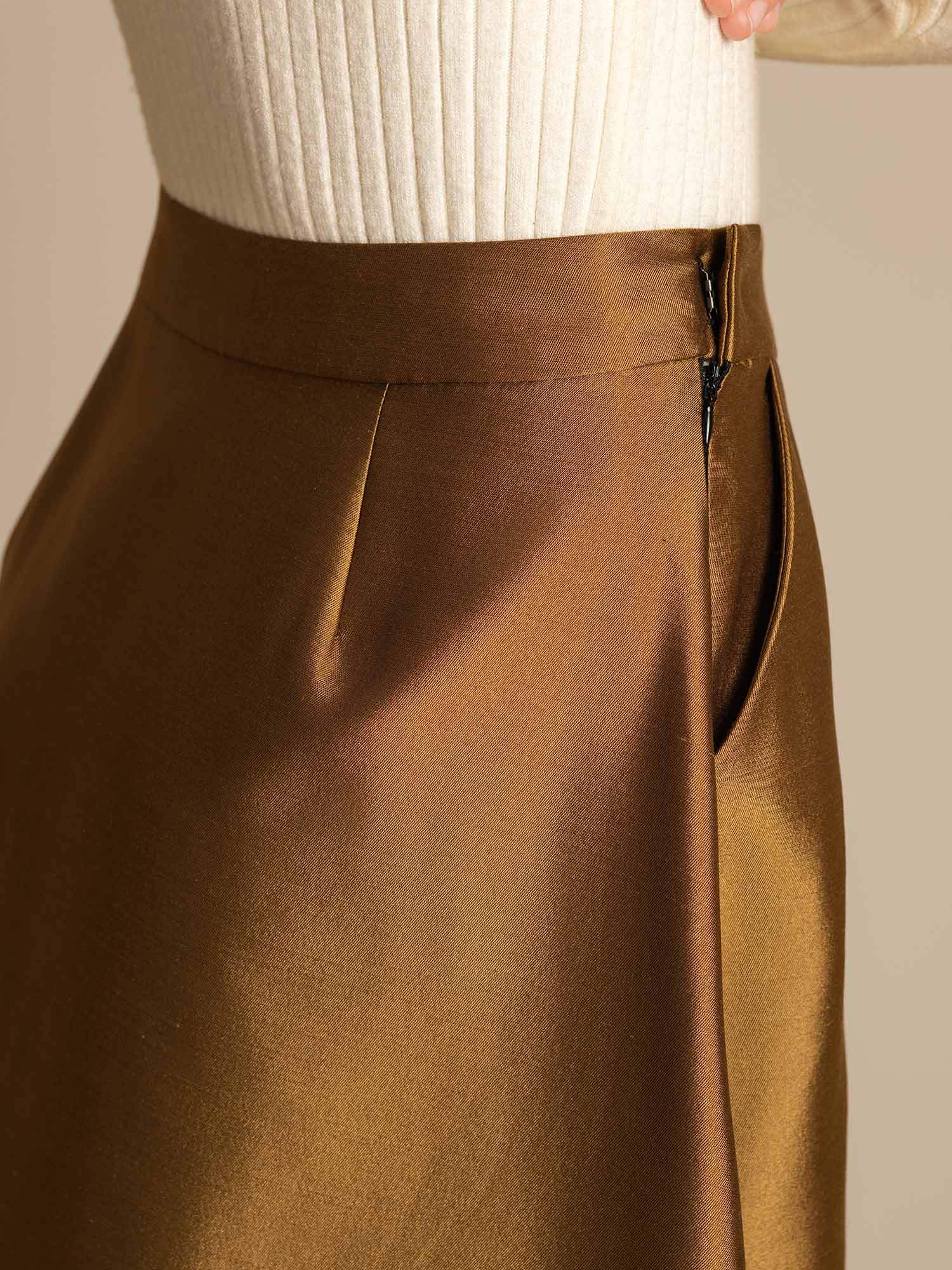 32Momme Silk-Wool Blend  A Line Midi Skirt with Zipper Deign - Image 20