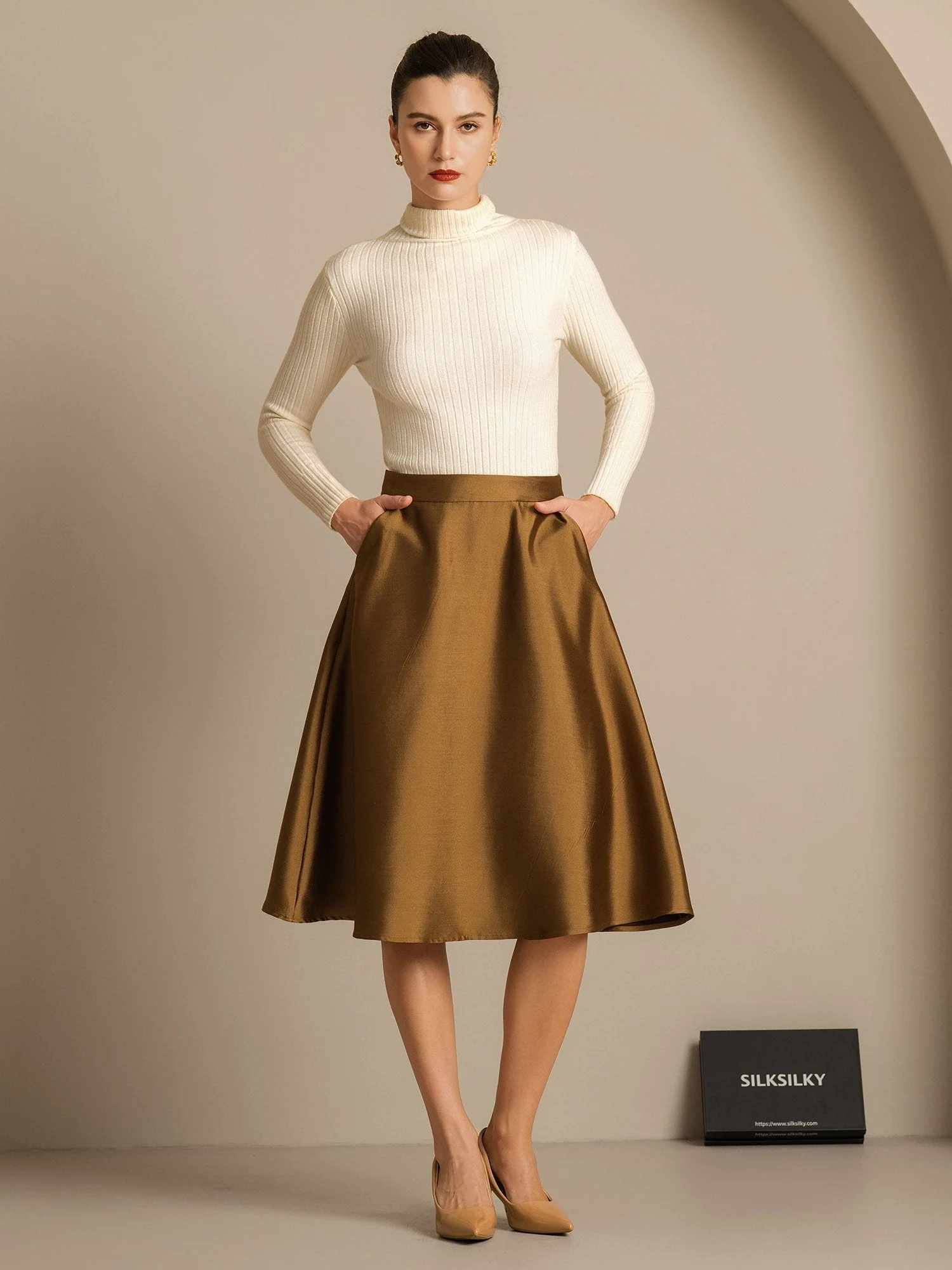 32Momme Silk-Wool Blend  A Line Midi Skirt with Zipper Deign - Image 24