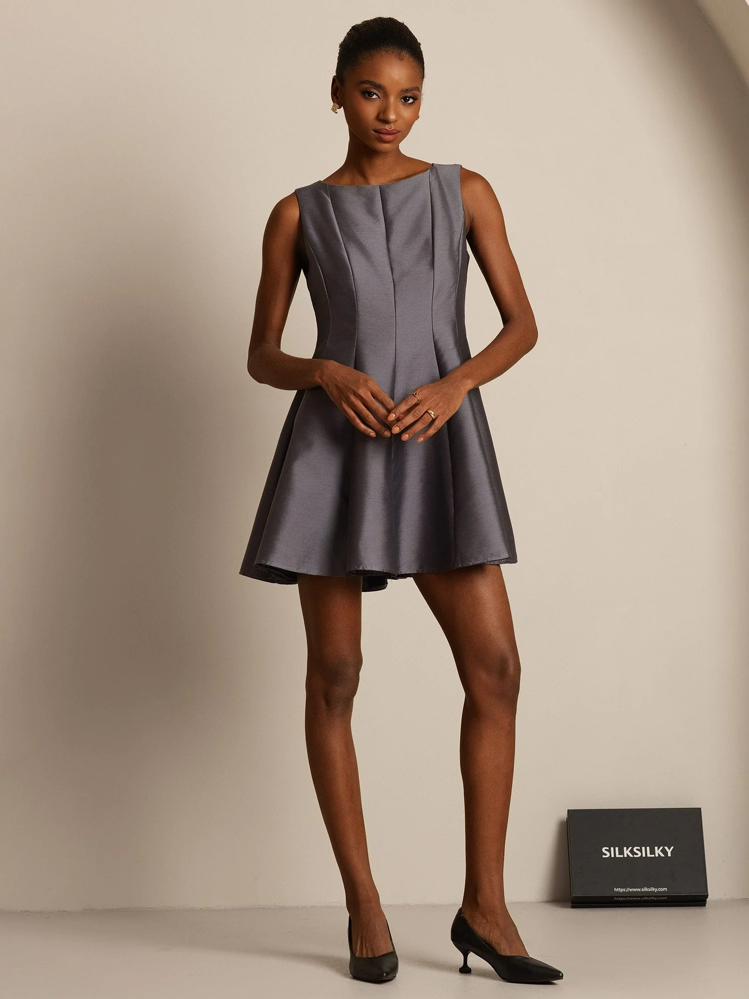 Clearance - 32Momme Silk-Wool Blend Casual Sleeveless Skater Short Dress - Image 3