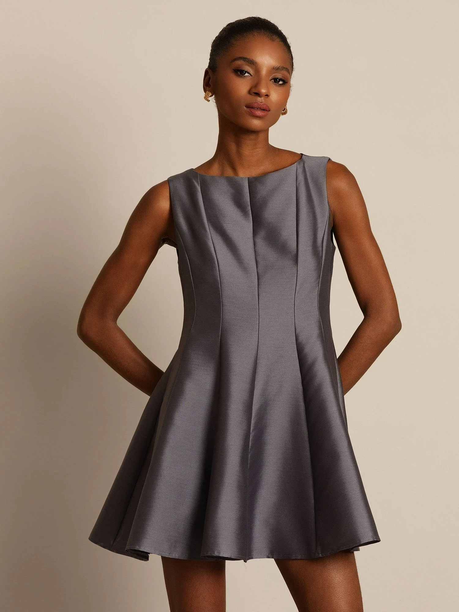 Clearance - 32Momme Silk-Wool Blend Casual Sleeveless Skater Short Dress - Image 7