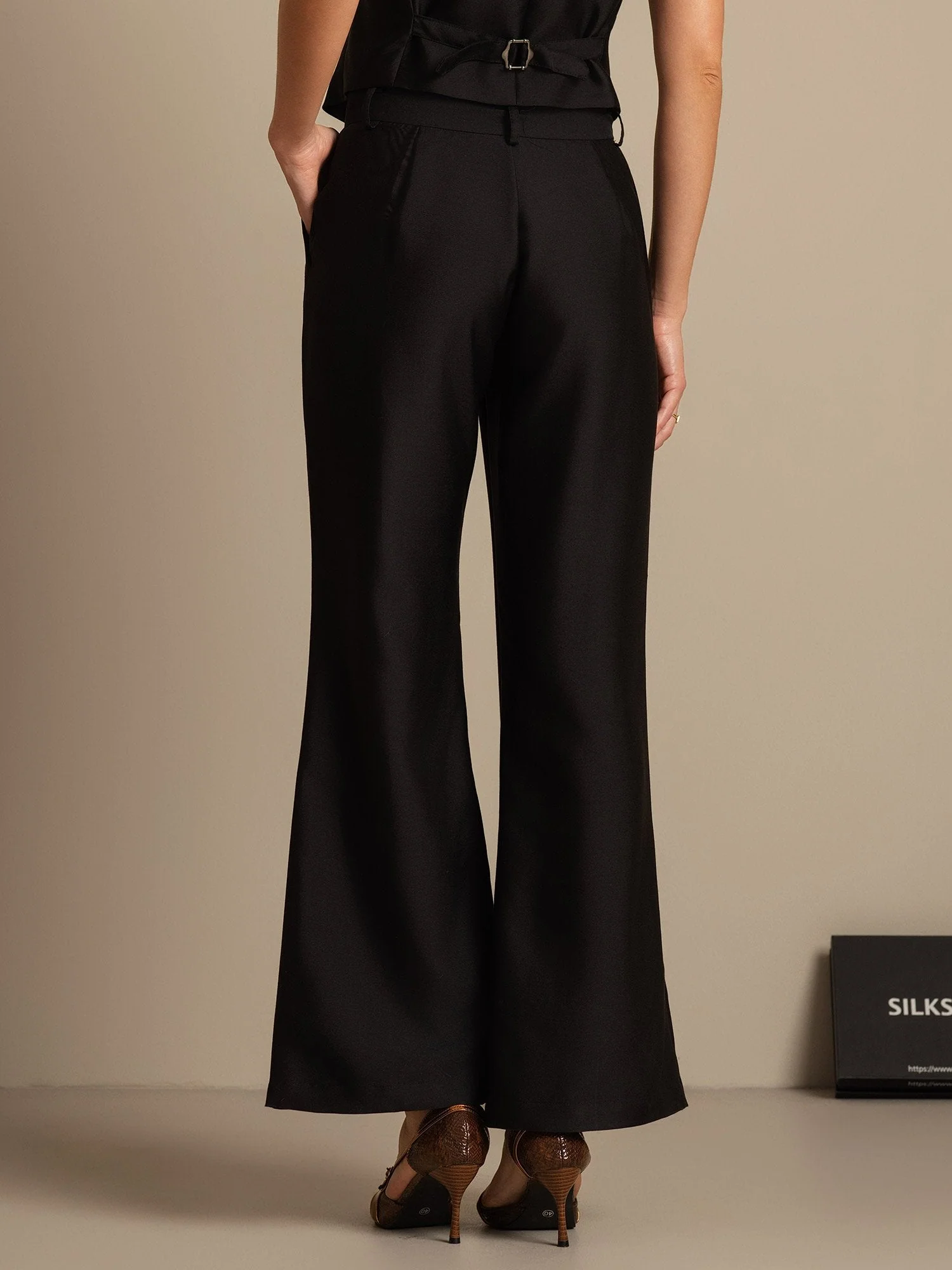 Clearance - 32Momme Silk-Wool Blend High Waist Micro-horn Wide Leg Women's Pants with Side Pockets  Design - Image 10