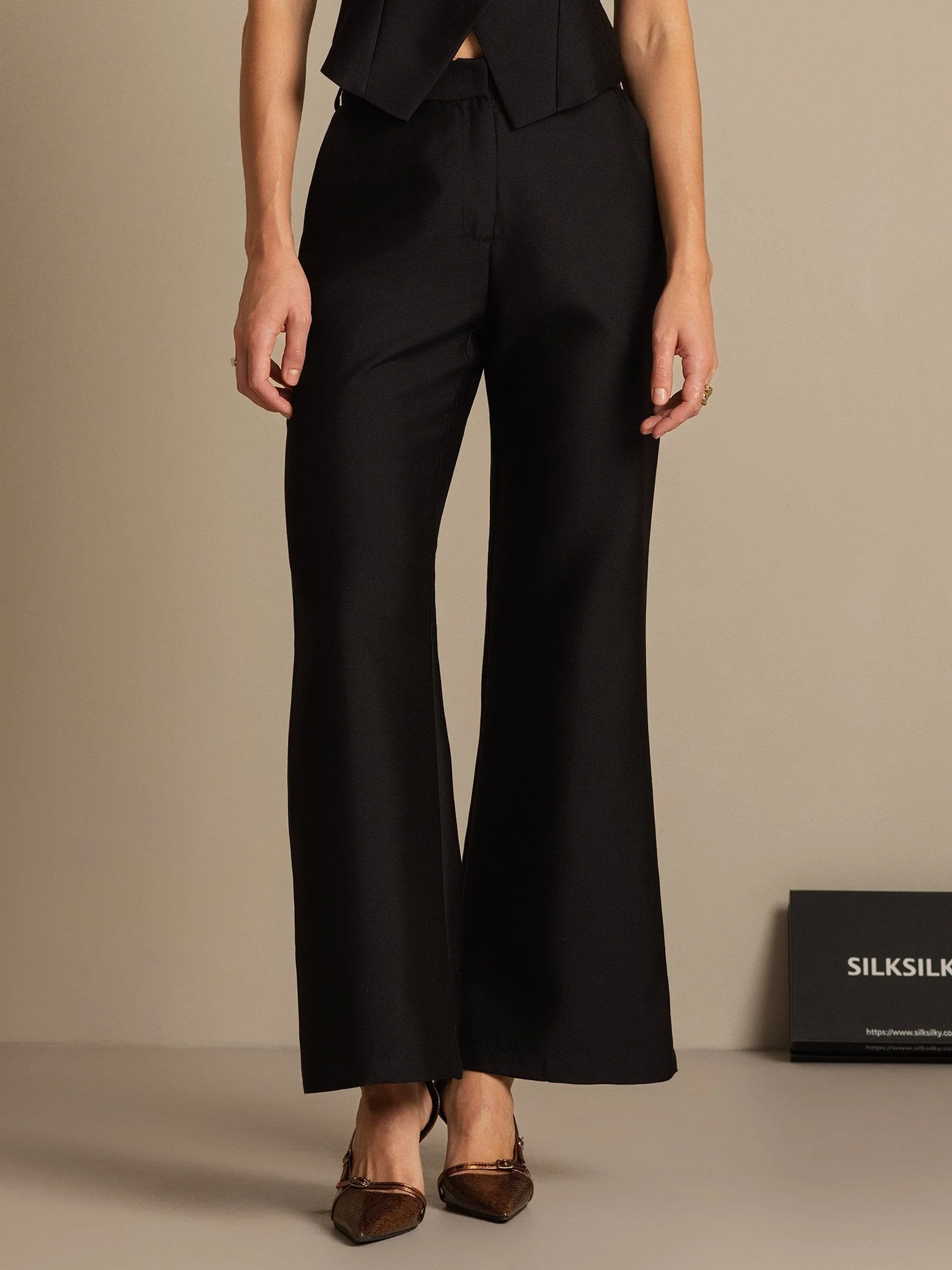 Clearance - 32Momme Silk-Wool Blend High Waist Micro-horn Wide Leg Women's Pants with Side Pockets  Design - Image 11