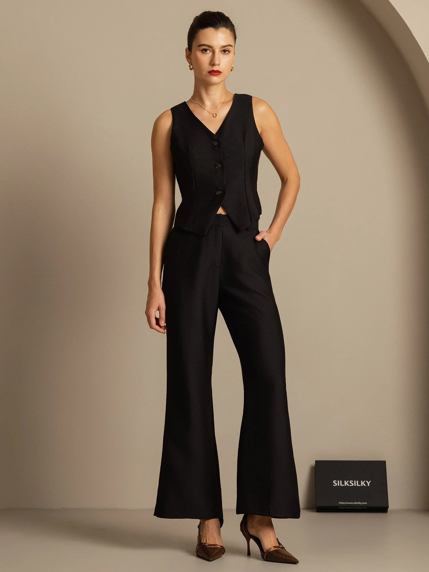 Clearance - 32Momme Silk-Wool Blend High Waist Micro-horn Wide Leg Women's Pants with Side Pockets  Design - Image 12