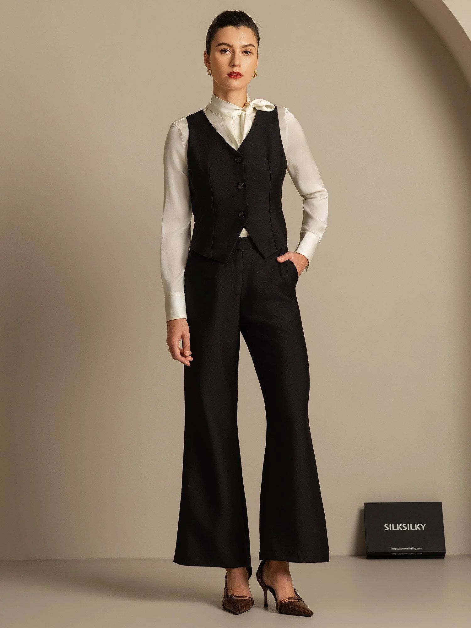 Clearance - 32Momme Silk-Wool Blend High Waist Micro-horn Wide Leg Women's Pants with Side Pockets  Design - Image 14