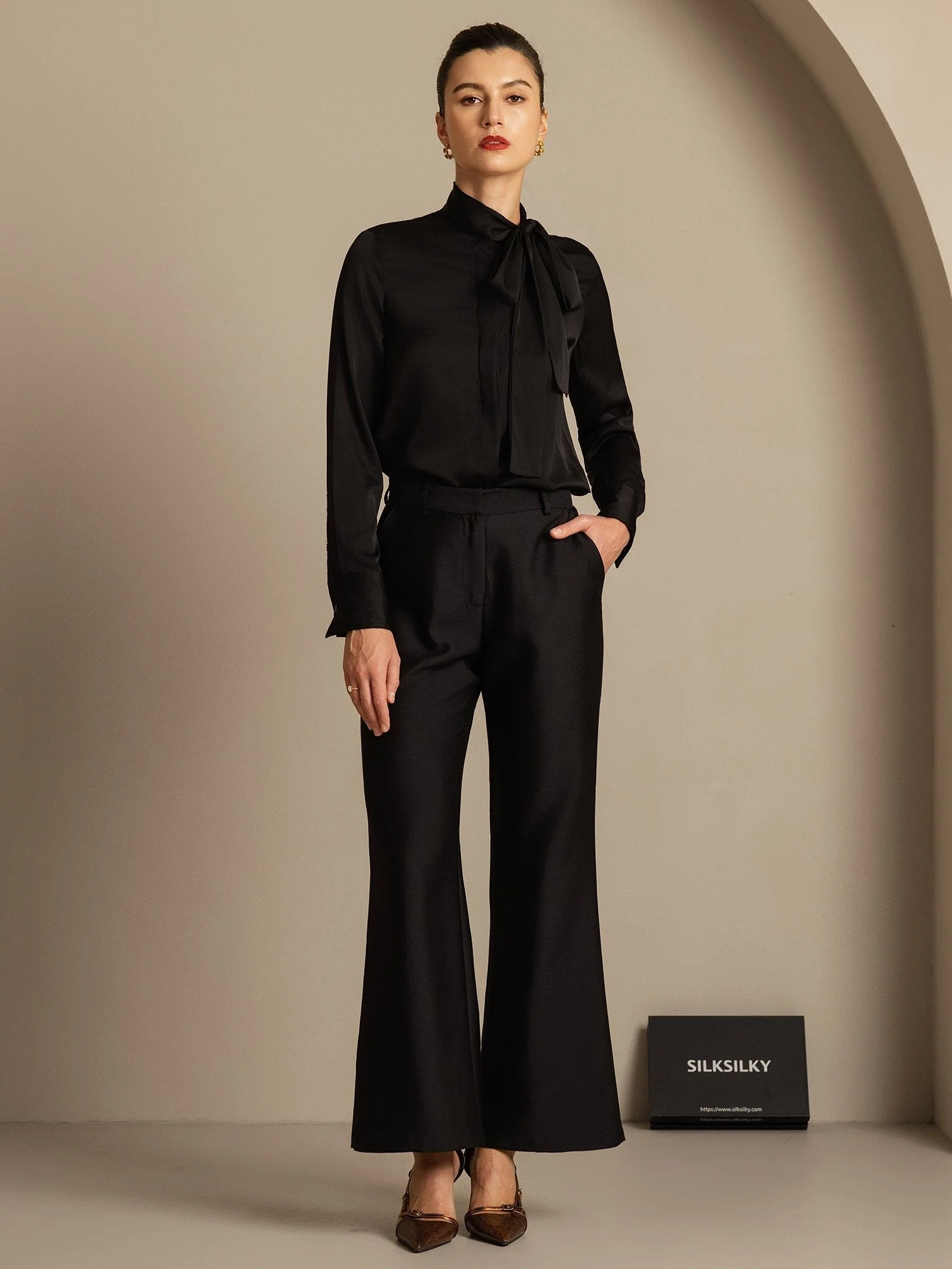 Clearance - 32Momme Silk-Wool Blend High Waist Micro-horn Wide Leg Women's Pants with Side Pockets  Design - Image 15