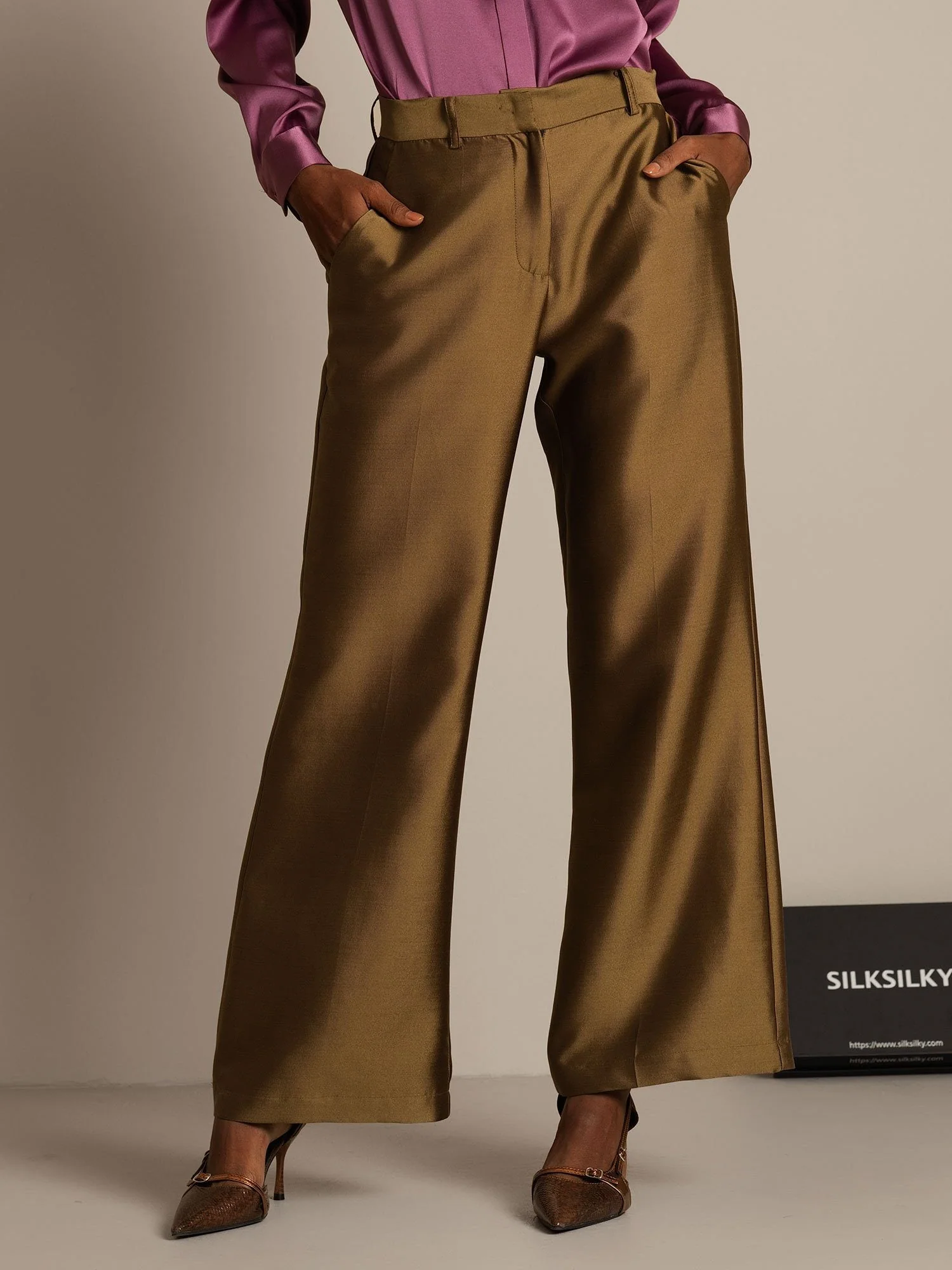 Clearance - 32Momme Silk-Wool Blend High Waist Micro-horn Wide Leg Women's Pants with Side Pockets  Design - Image 16