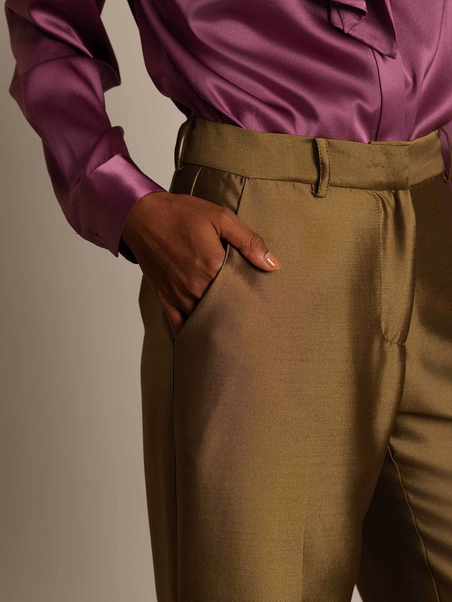 Clearance - 32Momme Silk-Wool Blend High Waist Micro-horn Wide Leg Women's Pants with Side Pockets  Design - Image 18