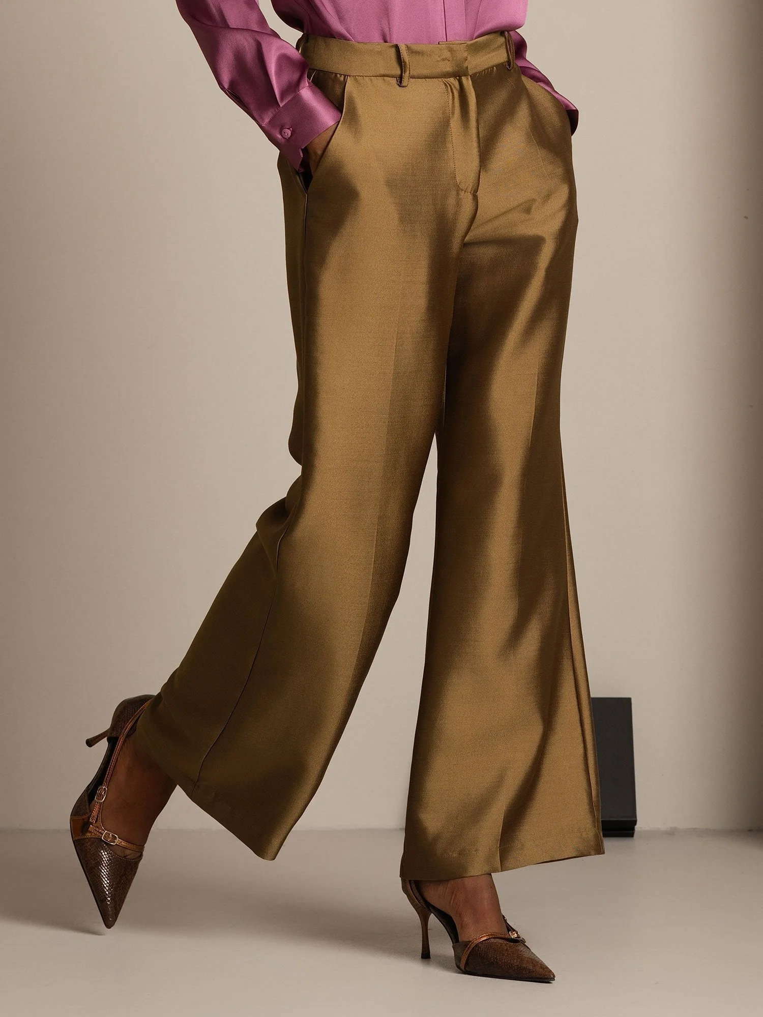 Clearance - 32Momme Silk-Wool Blend High Waist Micro-horn Wide Leg Women's Pants with Side Pockets  Design - Image 19