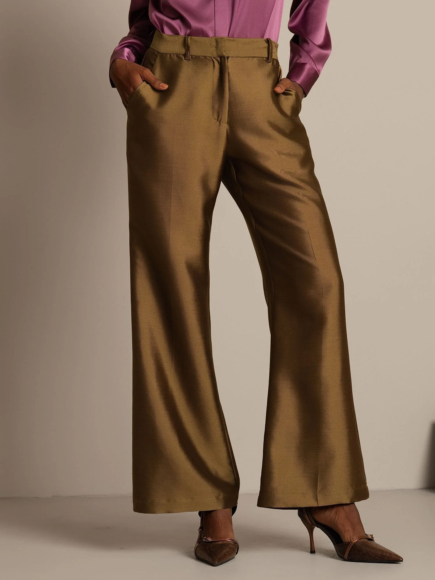 Clearance - 32Momme Silk-Wool Blend High Waist Micro-horn Wide Leg Women's Pants with Side Pockets  Design - Image 20