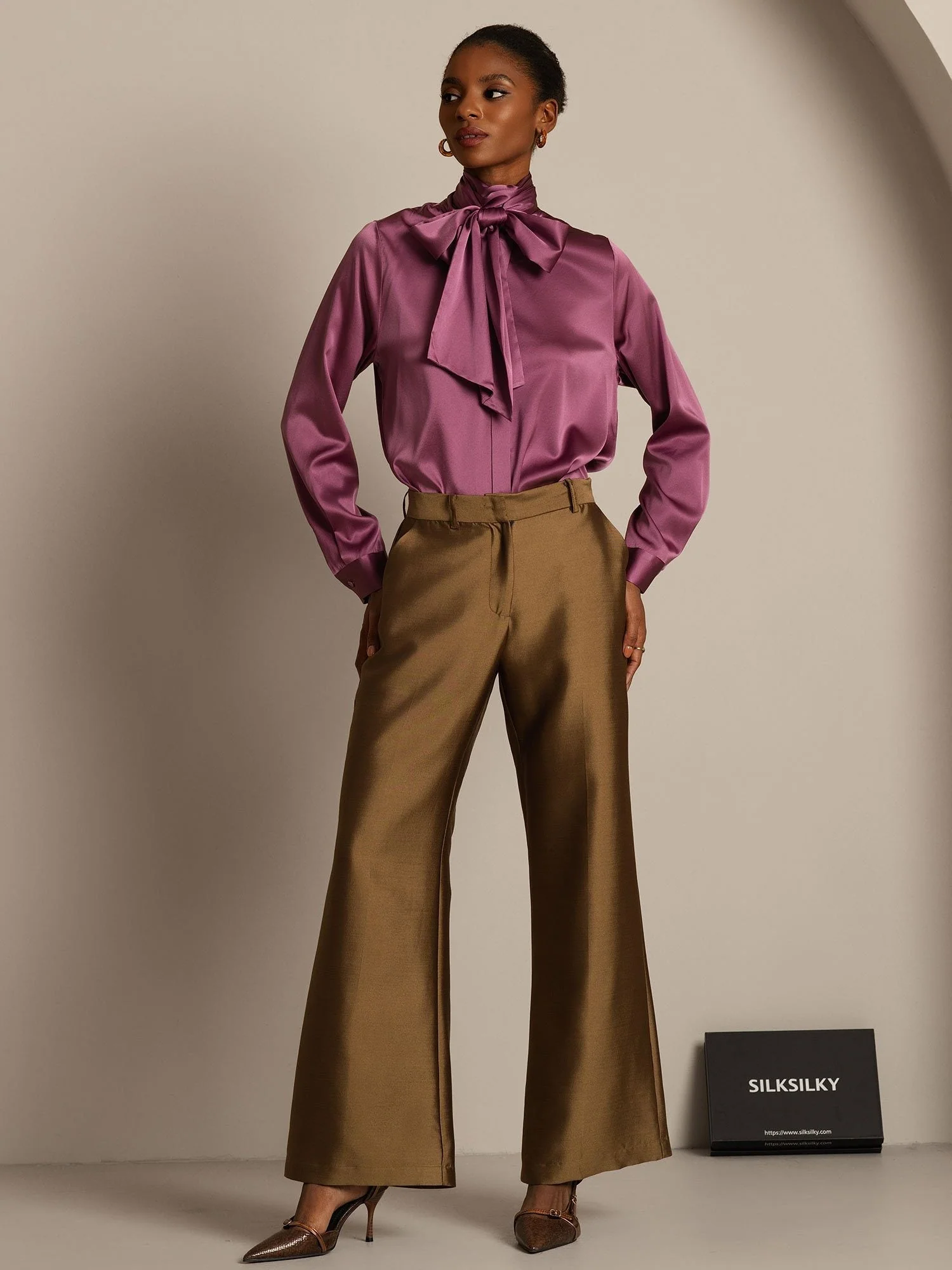 Clearance - 32Momme Silk-Wool Blend High Waist Micro-horn Wide Leg Women's Pants with Side Pockets  Design - Image 21