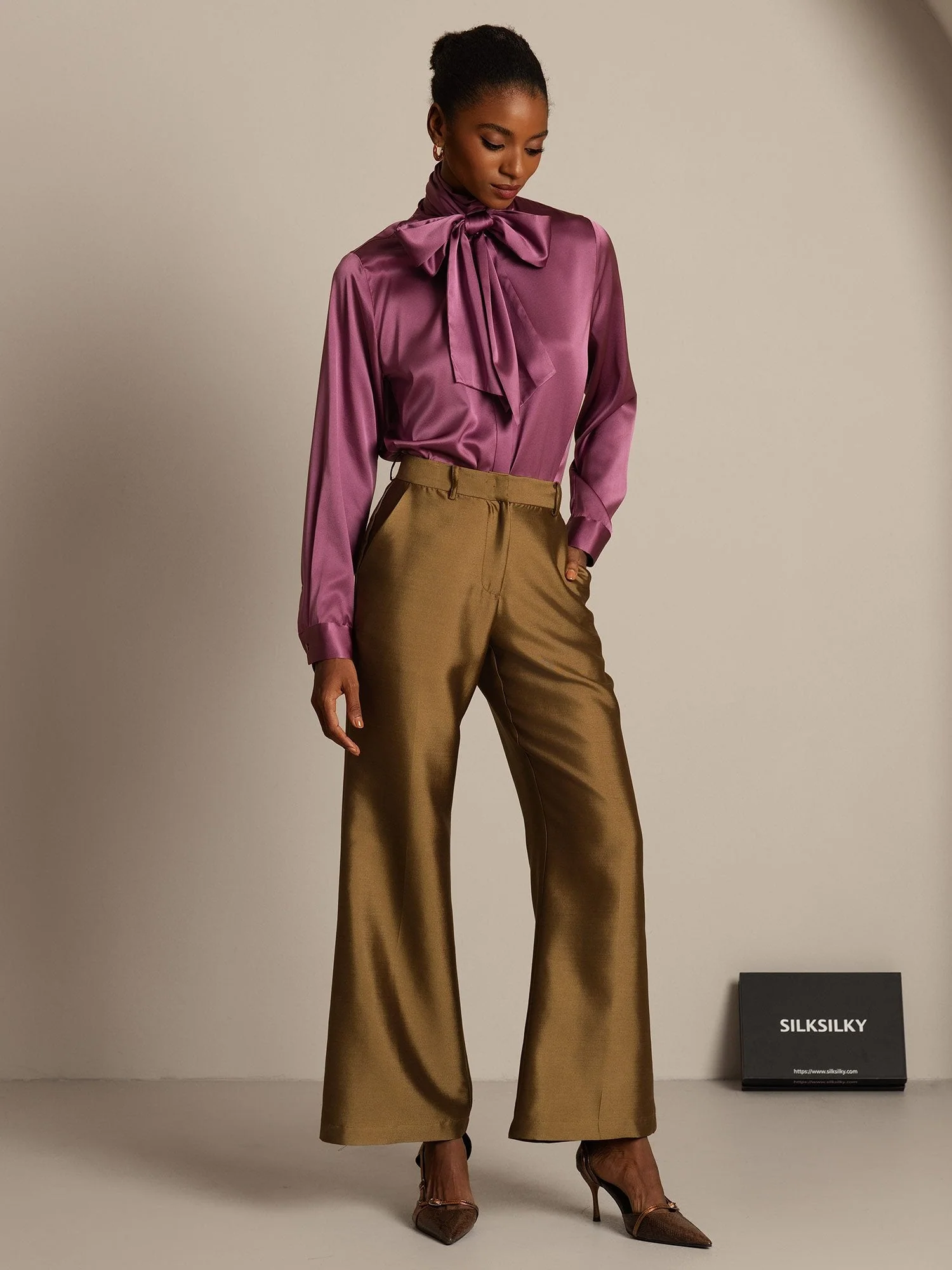 Clearance - 32Momme Silk-Wool Blend High Waist Micro-horn Wide Leg Women's Pants with Side Pockets  Design - Image 22