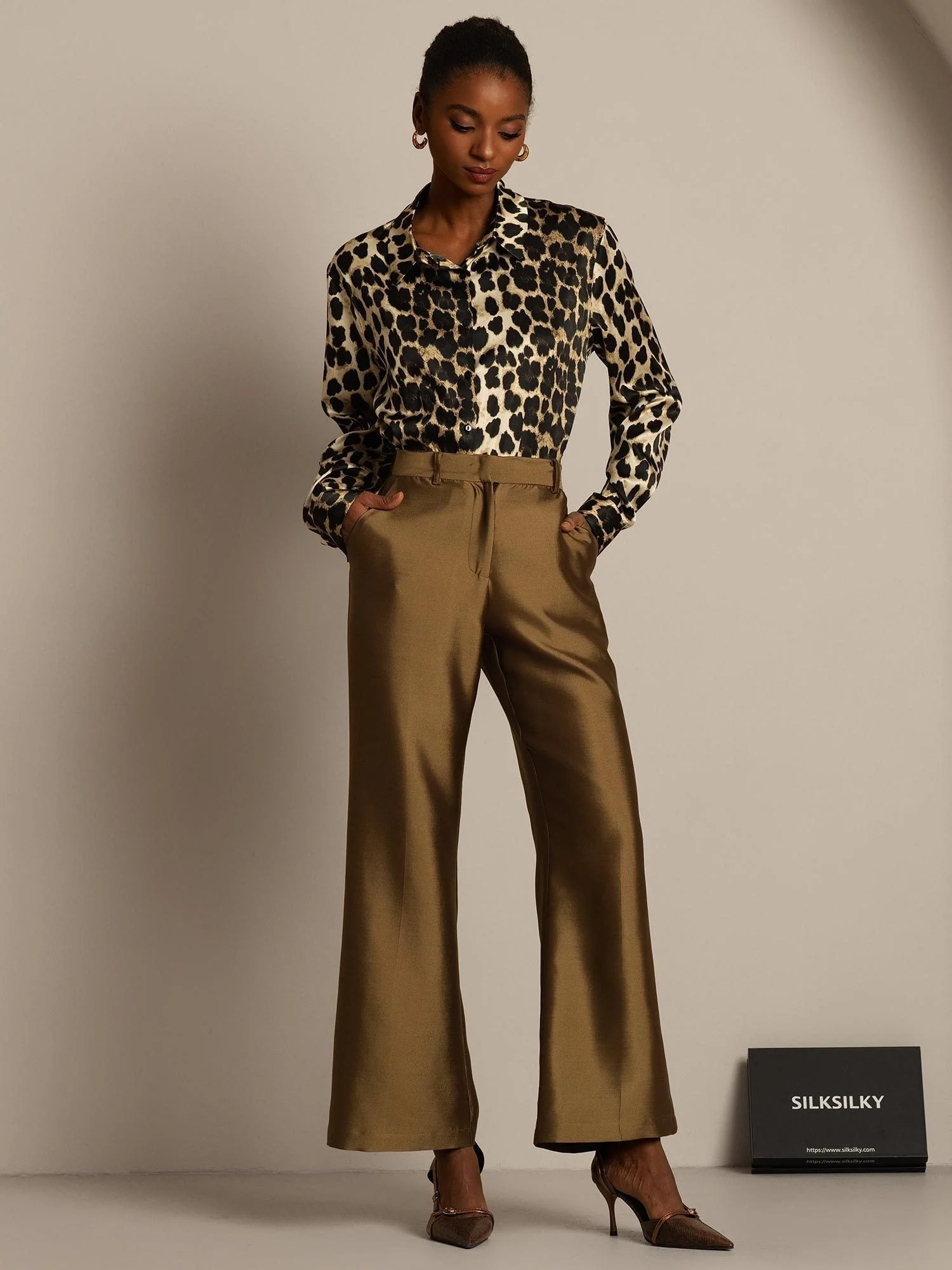 Clearance - 32Momme Silk-Wool Blend High Waist Micro-horn Wide Leg Women's Pants with Side Pockets  Design - Image 23