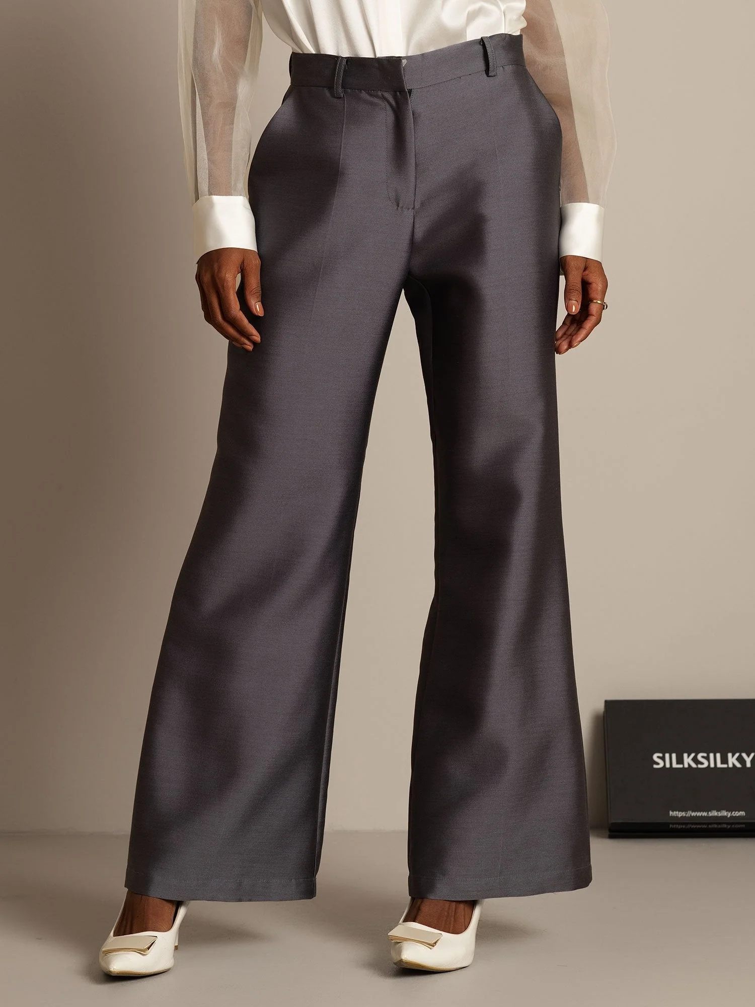Clearance - 32Momme Silk-Wool Blend High Waist Micro-horn Wide Leg Women's Pants with Side Pockets  Design - Image 5