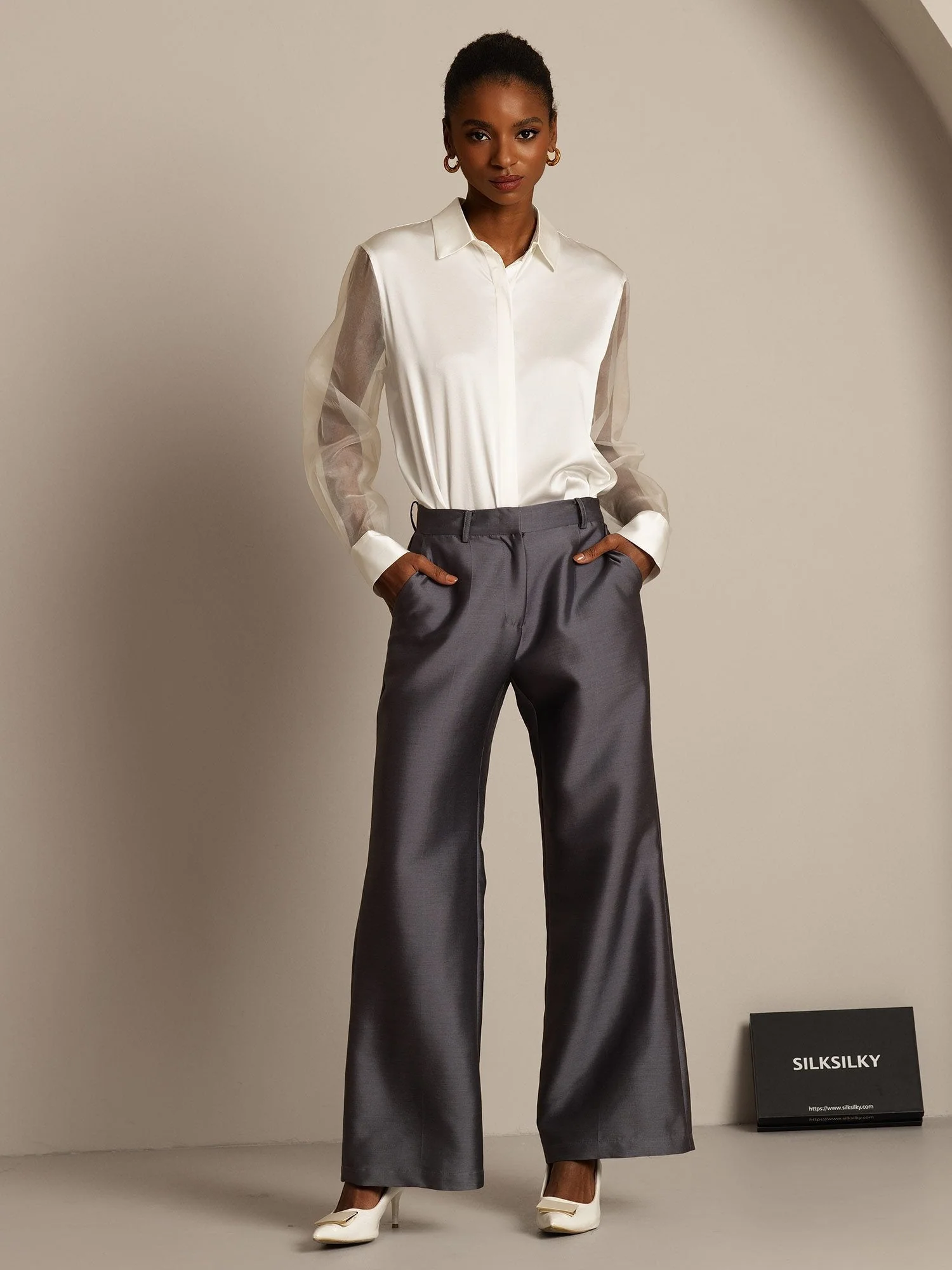 Clearance - 32Momme Silk-Wool Blend High Waist Micro-horn Wide Leg Women's Pants with Side Pockets  Design - Image 6