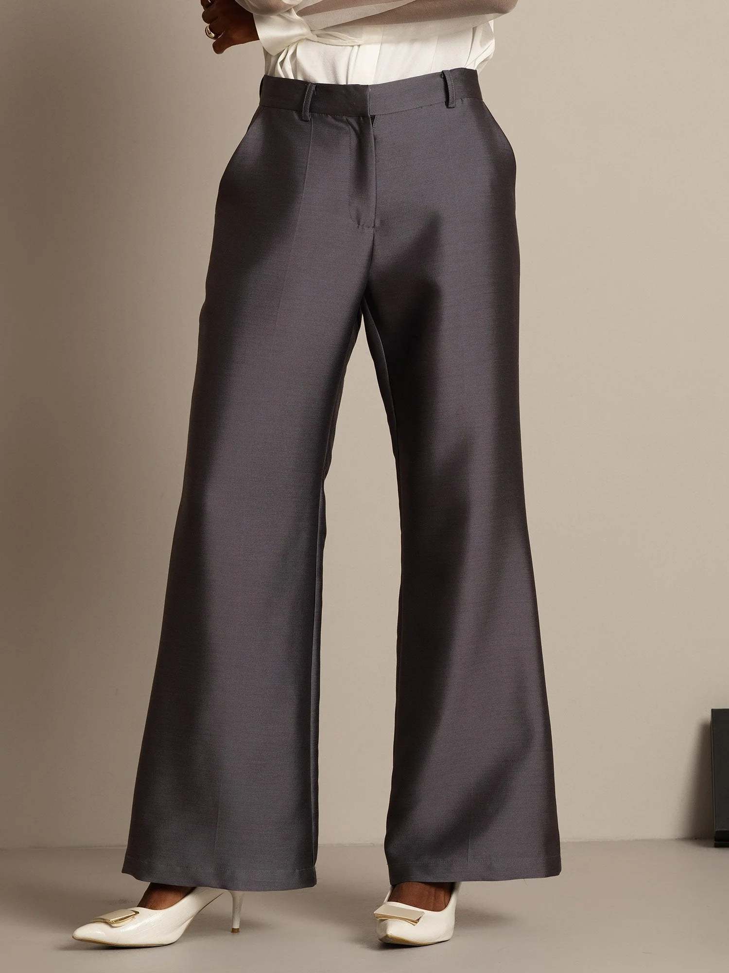 Clearance - 32Momme Silk-Wool Blend High Waist Micro-horn Wide Leg Women's Pants with Side Pockets  Design - Image 7