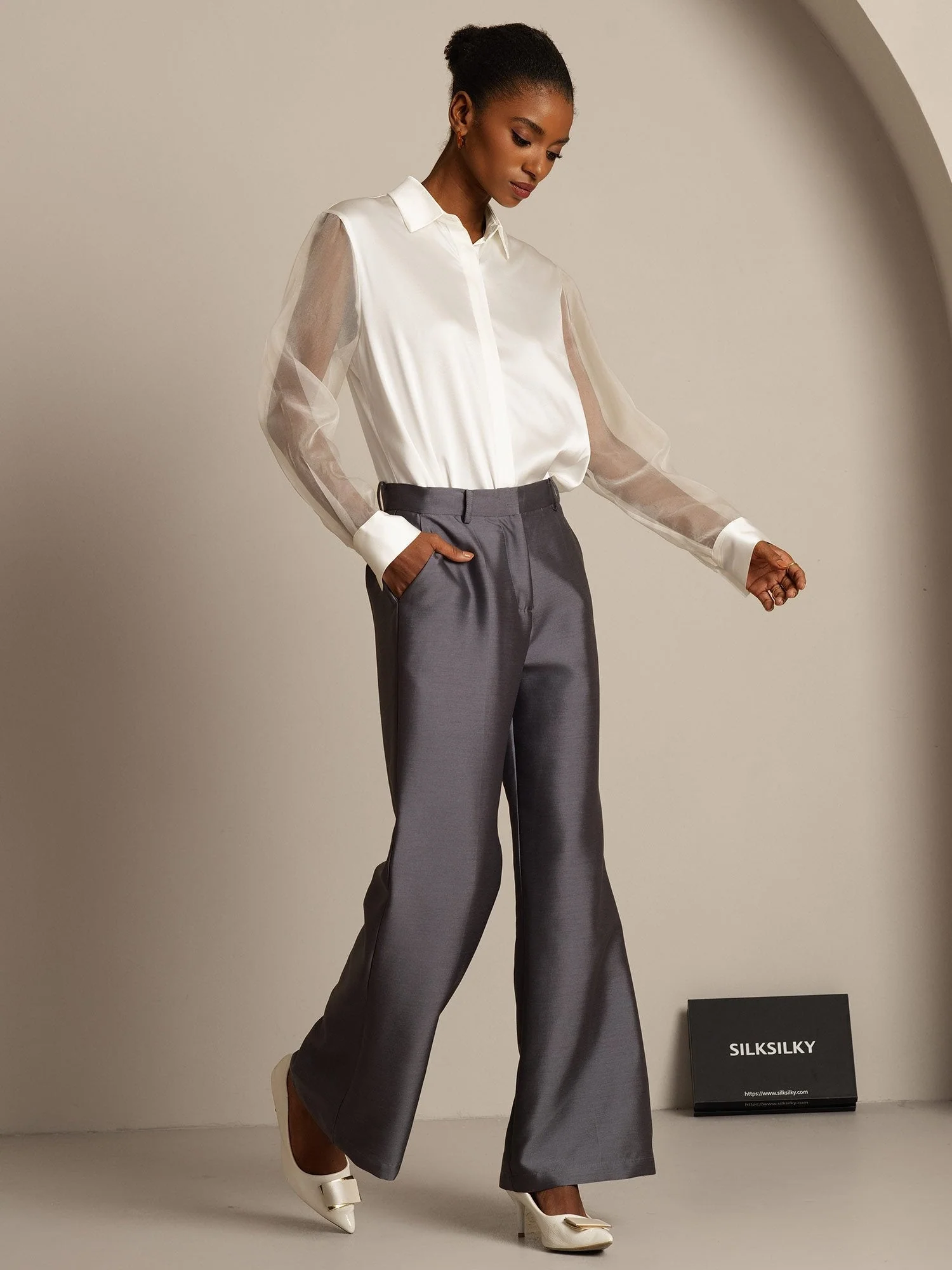 Clearance - 32Momme Silk-Wool Blend High Waist Micro-horn Wide Leg Women's Pants with Side Pockets  Design - Image 8