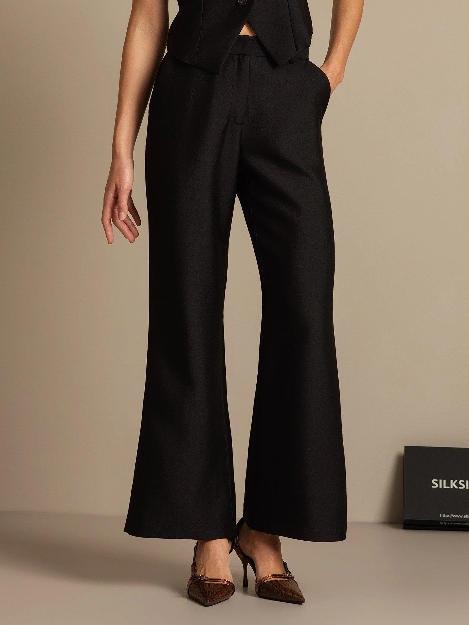 Clearance - 32Momme Silk-Wool Blend High Waist Micro-horn Wide Leg Women's Pants with Side Pockets  Design - Image 9