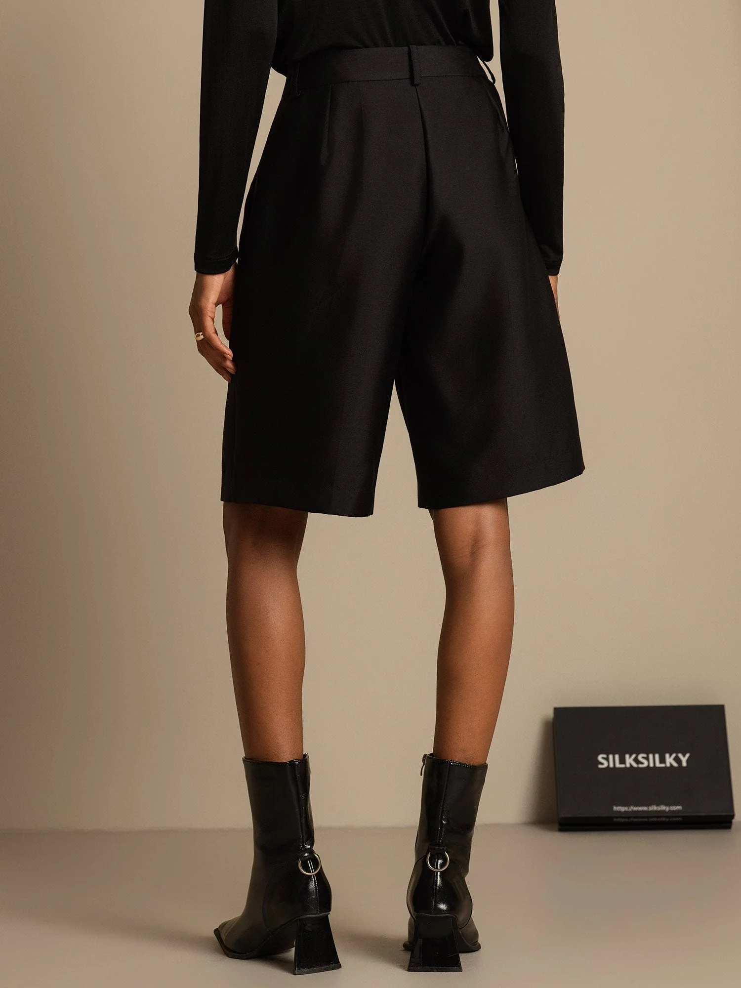 Clearance - 32Momme Silk-Wool Blend High Waist Straight Fit Women's Mid-length Pants with Side Pockets  Design - Image 10