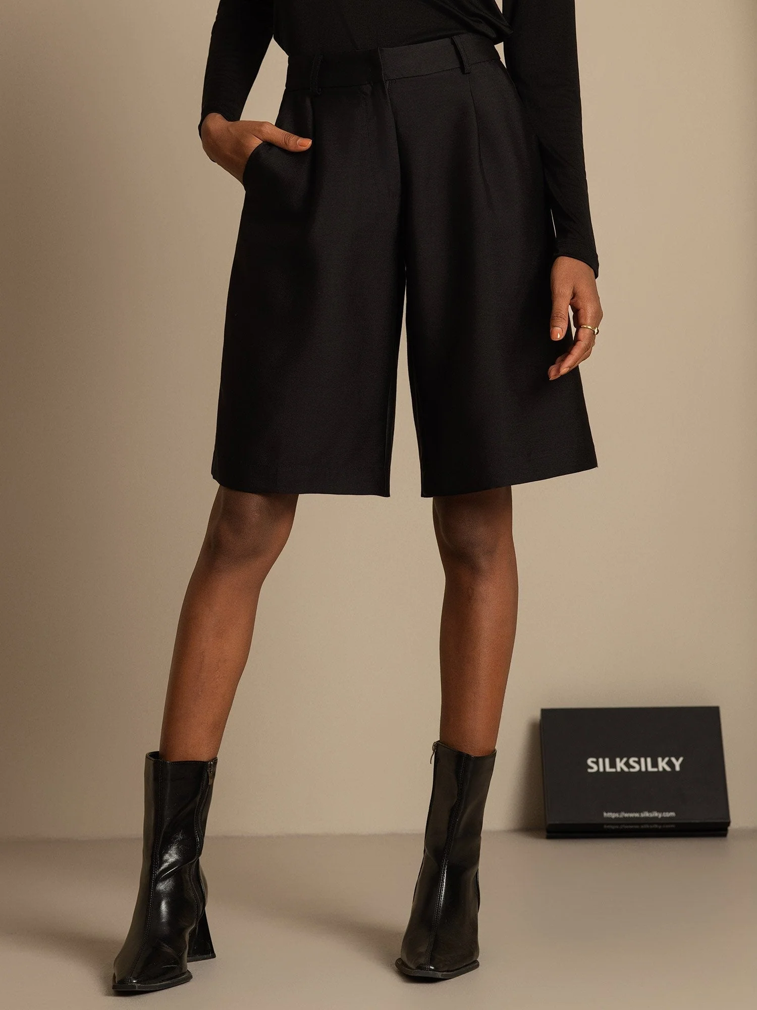 Clearance - 32Momme Silk-Wool Blend High Waist Straight Fit Women's Mid-length Pants with Side Pockets  Design - Image 11