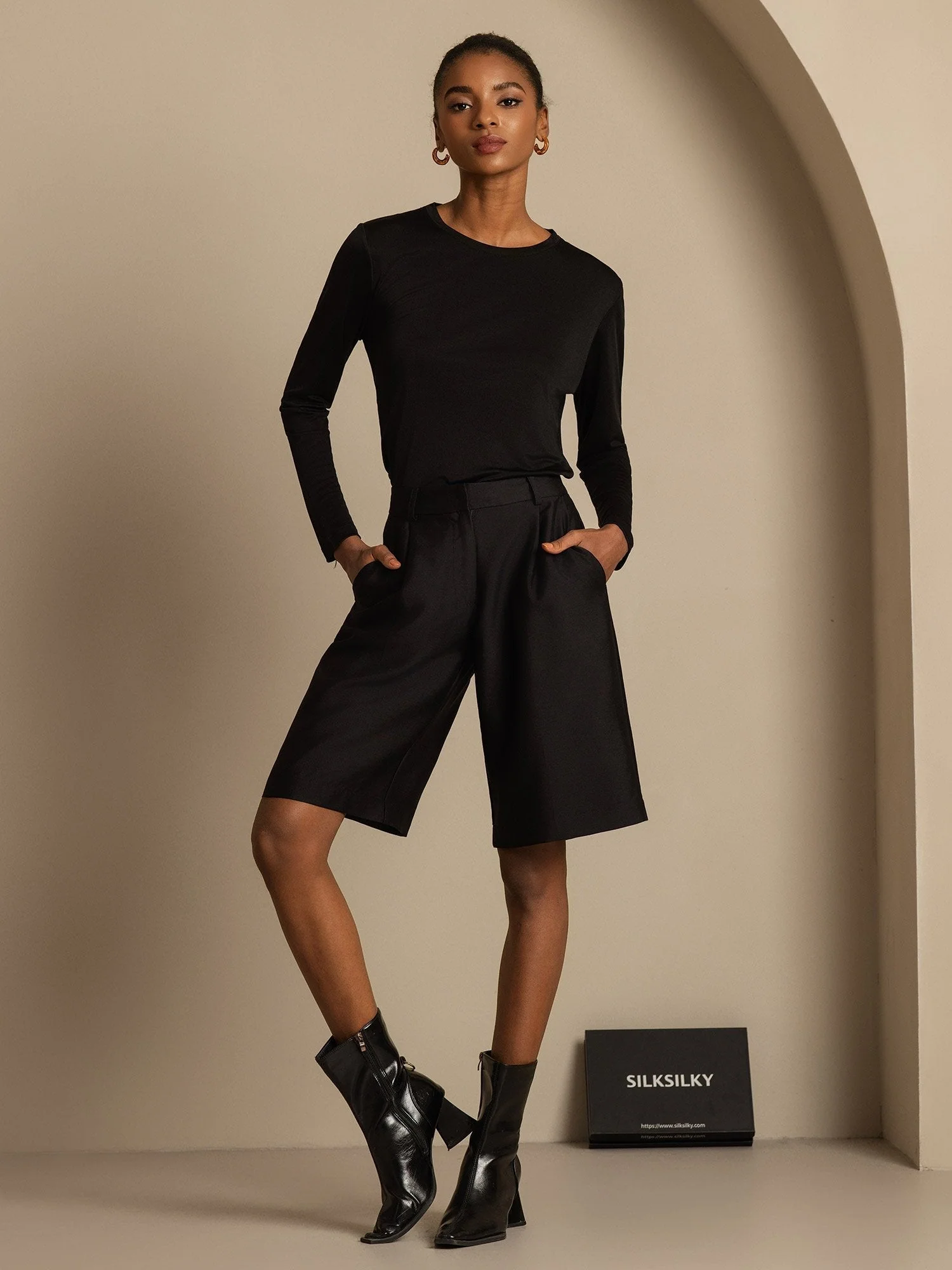 Clearance - 32Momme Silk-Wool Blend High Waist Straight Fit Women's Mid-length Pants with Side Pockets  Design - Image 13