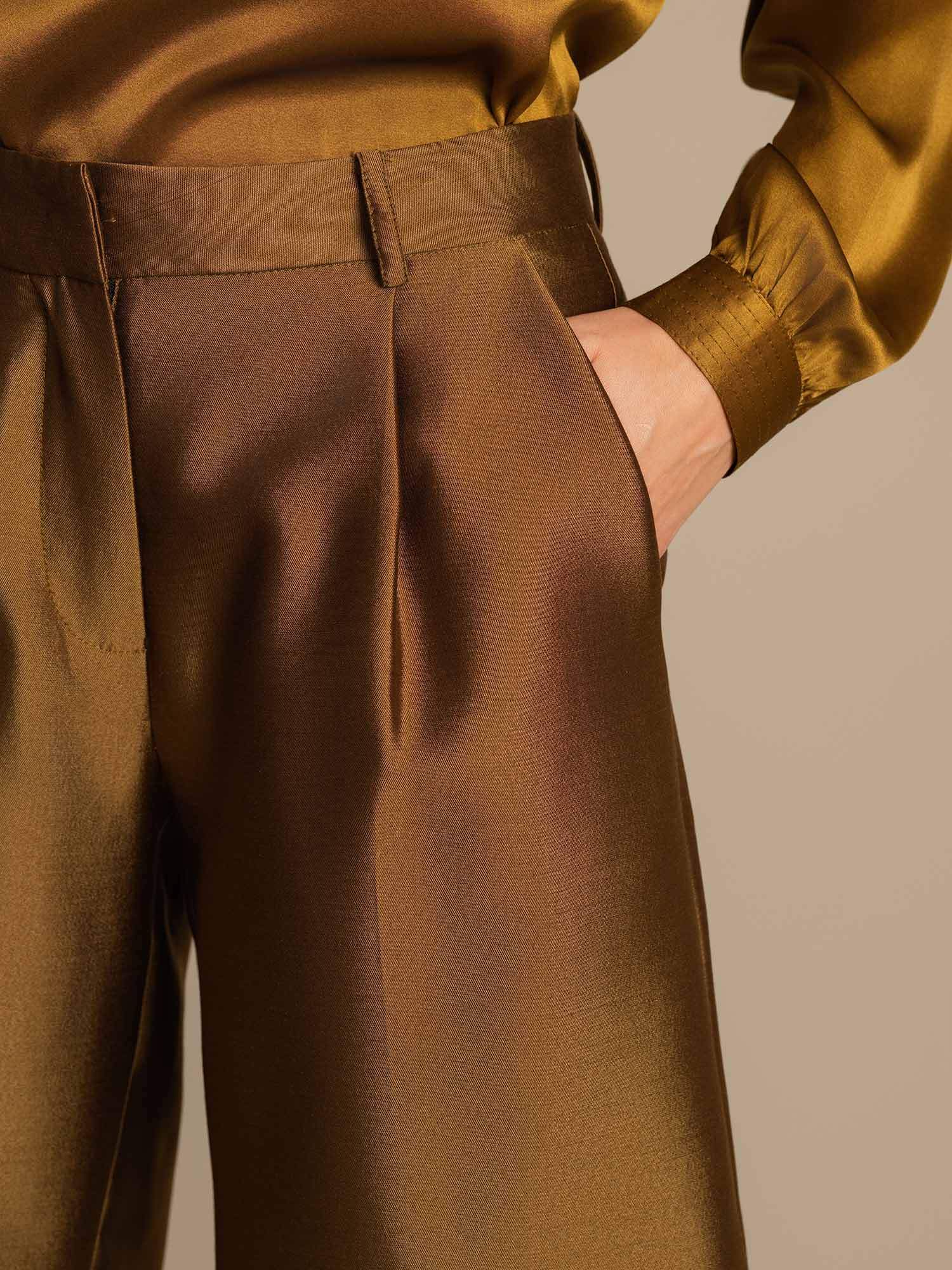 Clearance - 32Momme Silk-Wool Blend High Waist Straight Fit Women's Mid-length Pants with Side Pockets  Design - Image 19