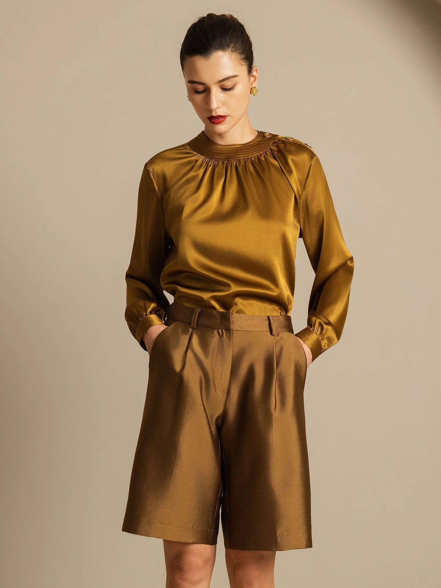 Clearance - 32Momme Silk-Wool Blend High Waist Straight Fit Women's Mid-length Pants with Side Pockets  Design - Image 20