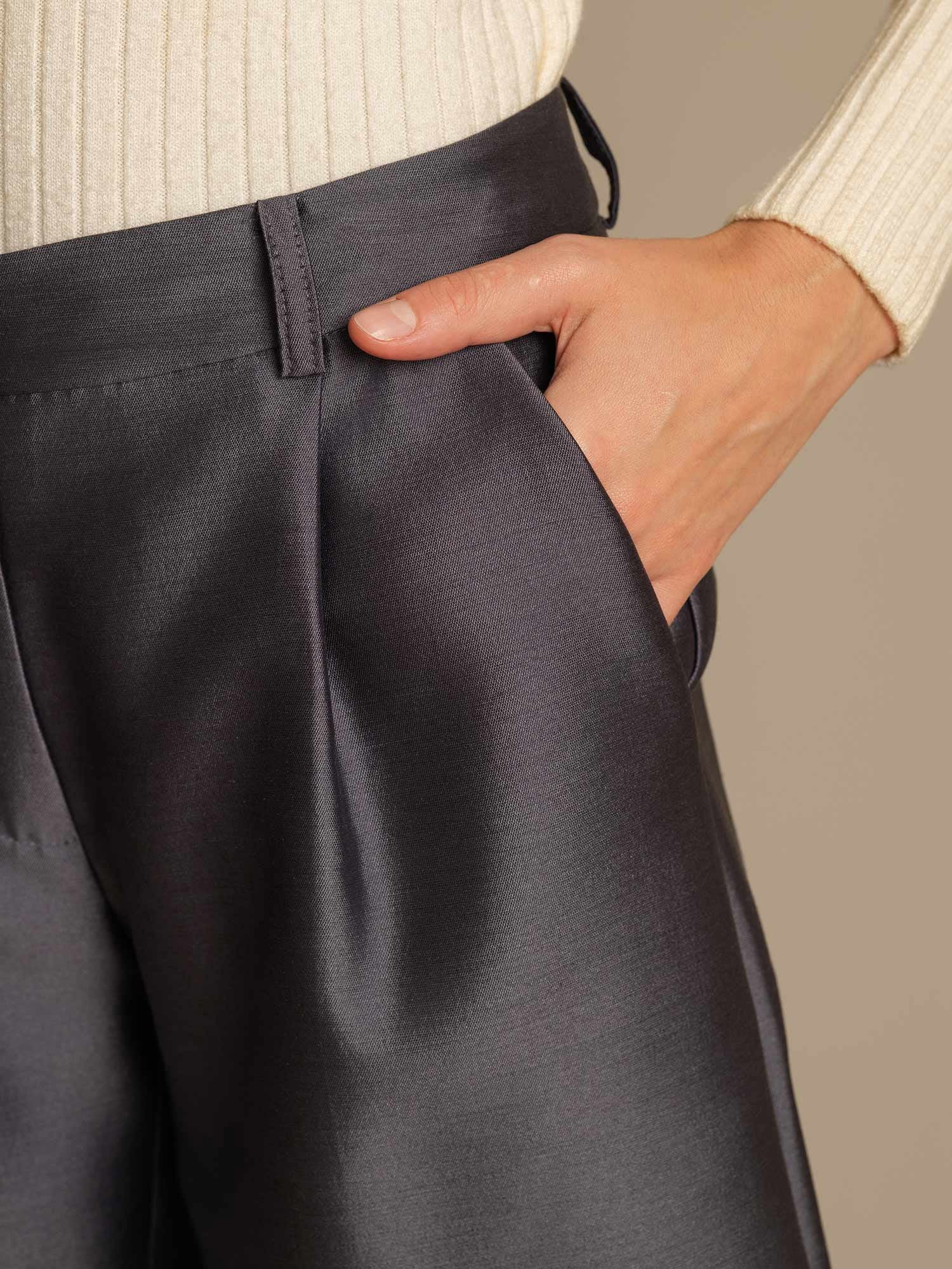 Clearance - 32Momme Silk-Wool Blend High Waist Straight Fit Women's Mid-length Pants with Side Pockets  Design - Image 5