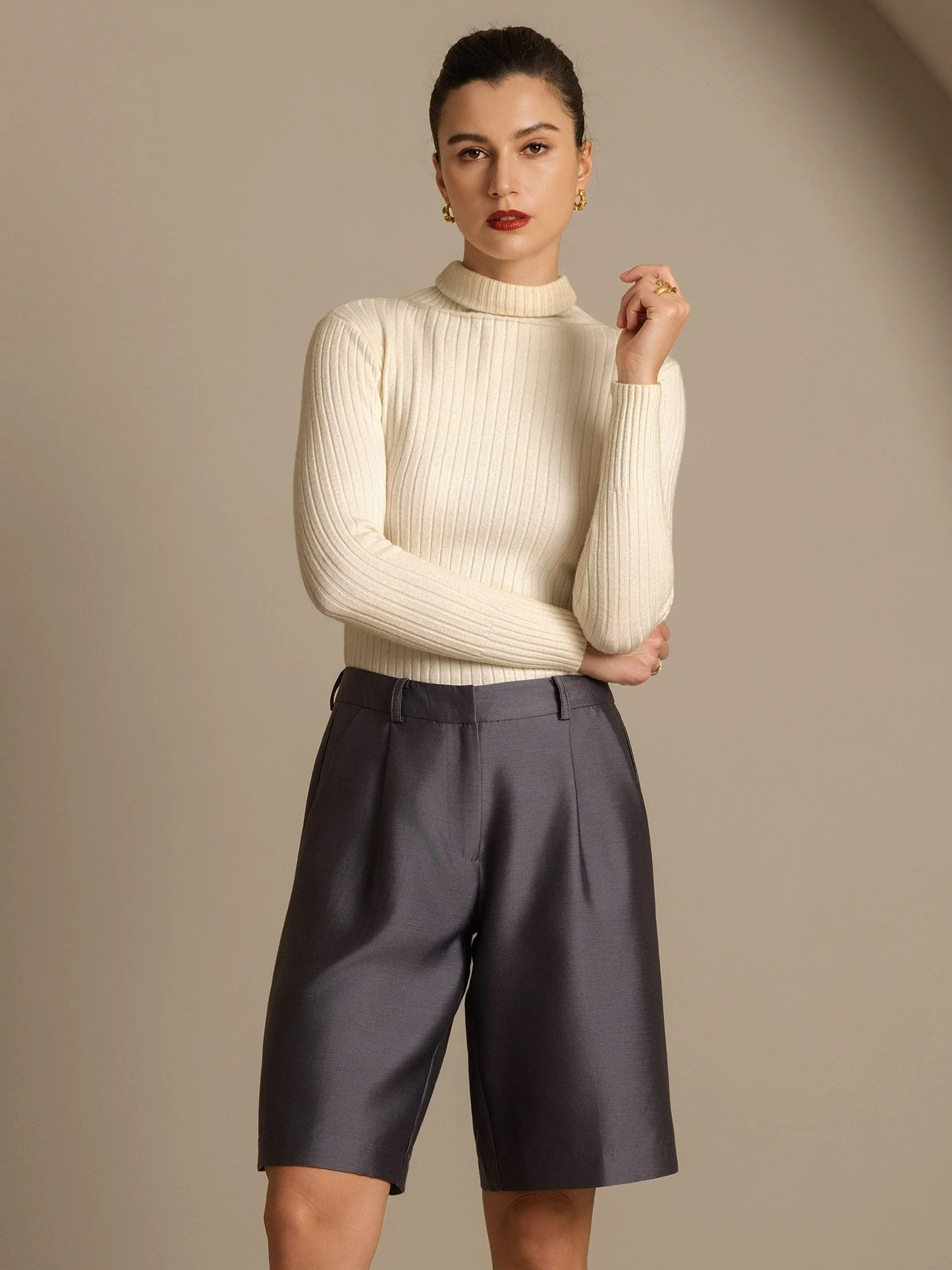 Clearance - 32Momme Silk-Wool Blend High Waist Straight Fit Women's Mid-length Pants with Side Pockets  Design - Image 8